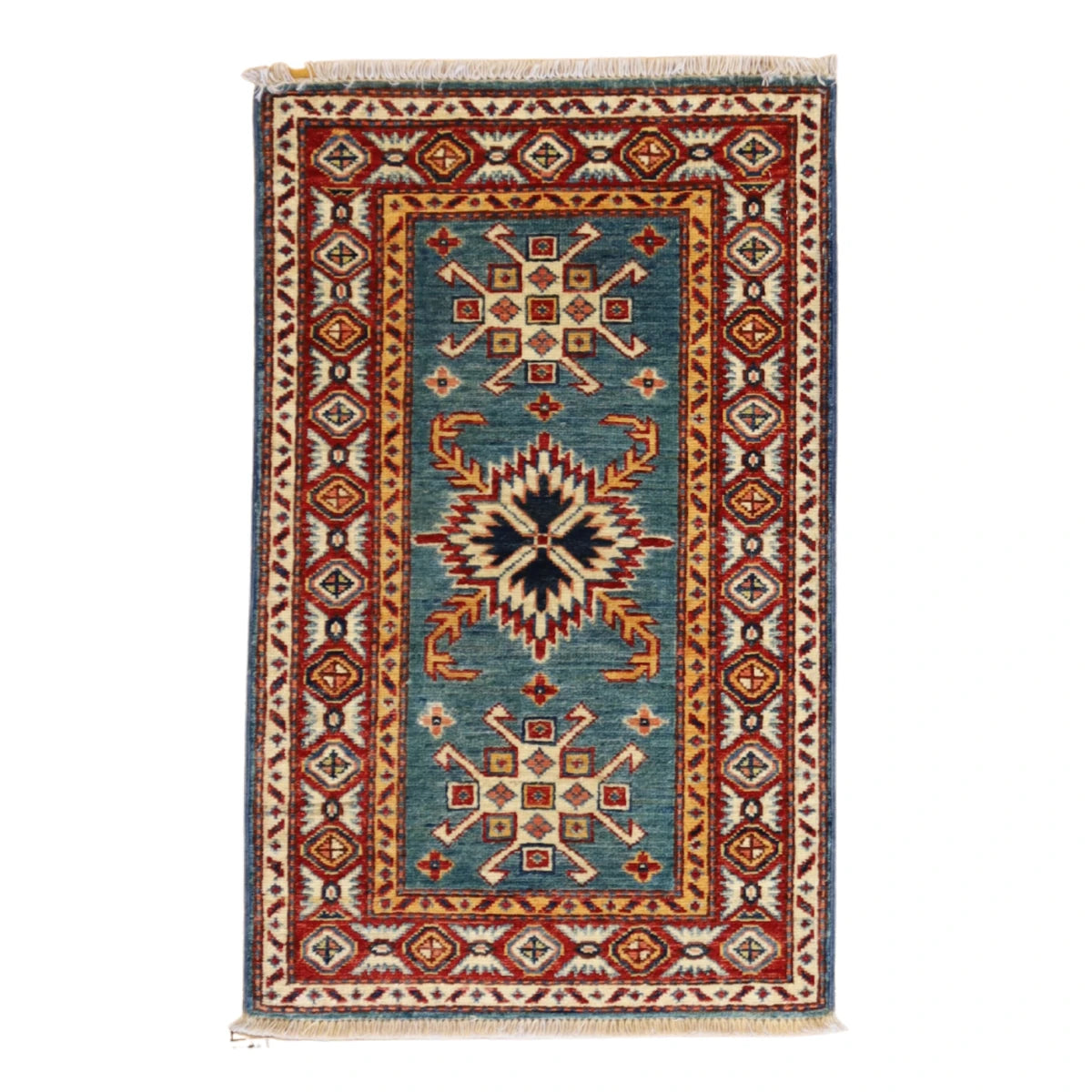 2'0" x 3'0" GREEN AND RED KAZAK GEOMETRIC PAKISTANI RUG