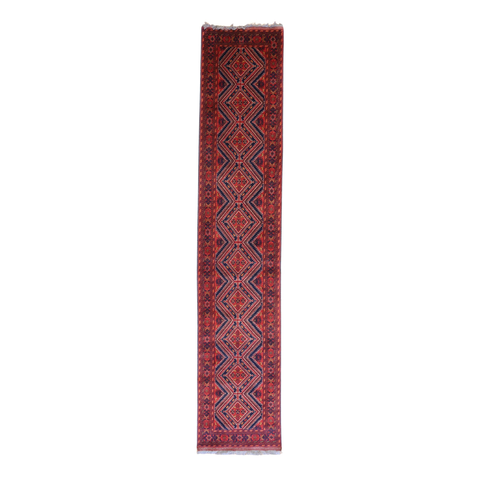 2'7" x 13'0" BURGUNDY AND BURGUNDY BALUCH GEOMETRIC PERSIAN RUG
