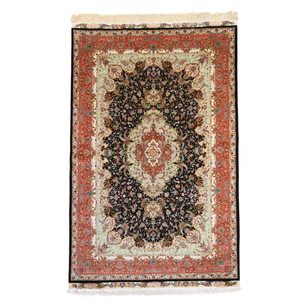 6'6" x 9'10" BLACK AND ROSE TABRIZ FLORAL PERSIAN RUG