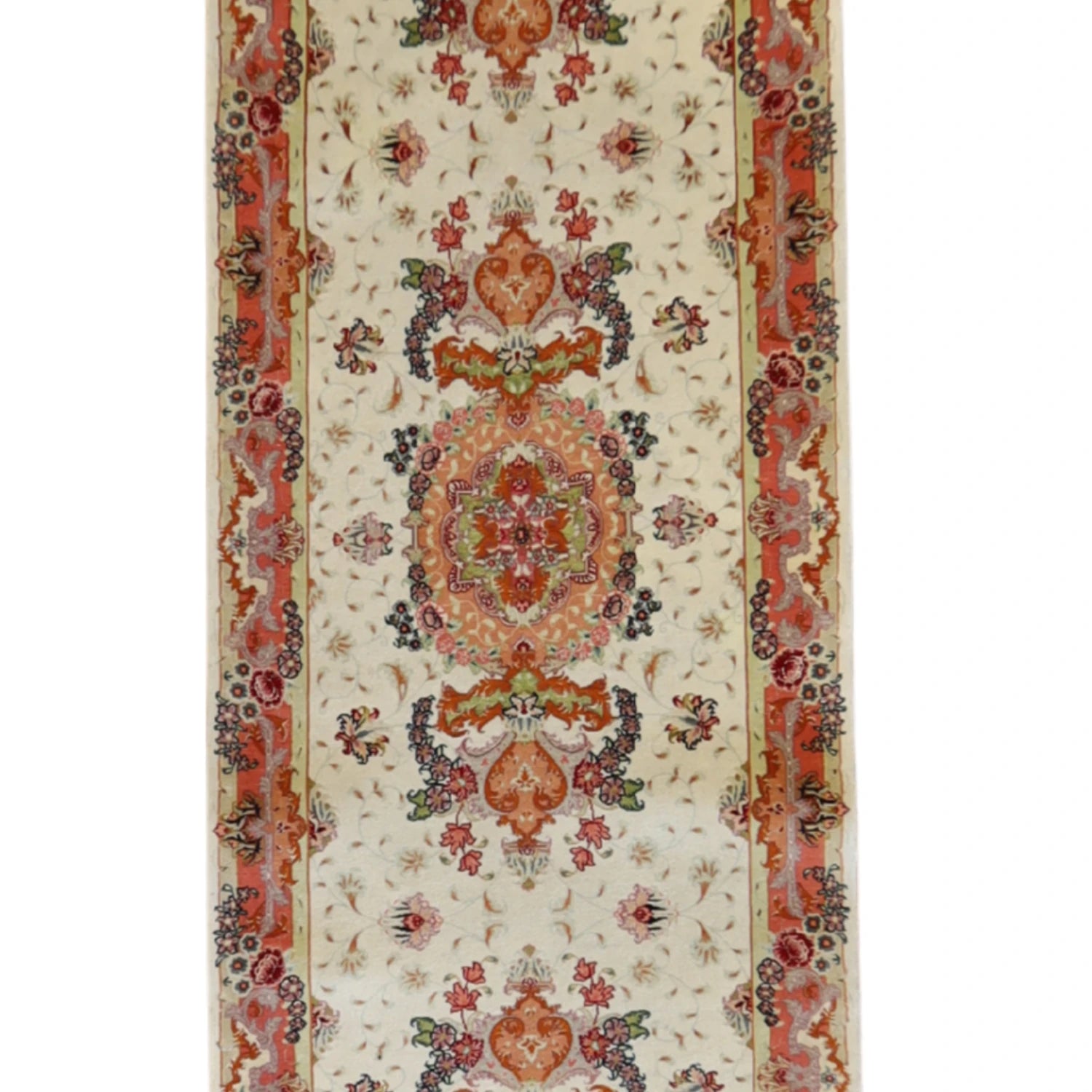 2' 6" x 17' 0" IVORY AND PINK TABRIZ FLORAL PERSIAN RUG
