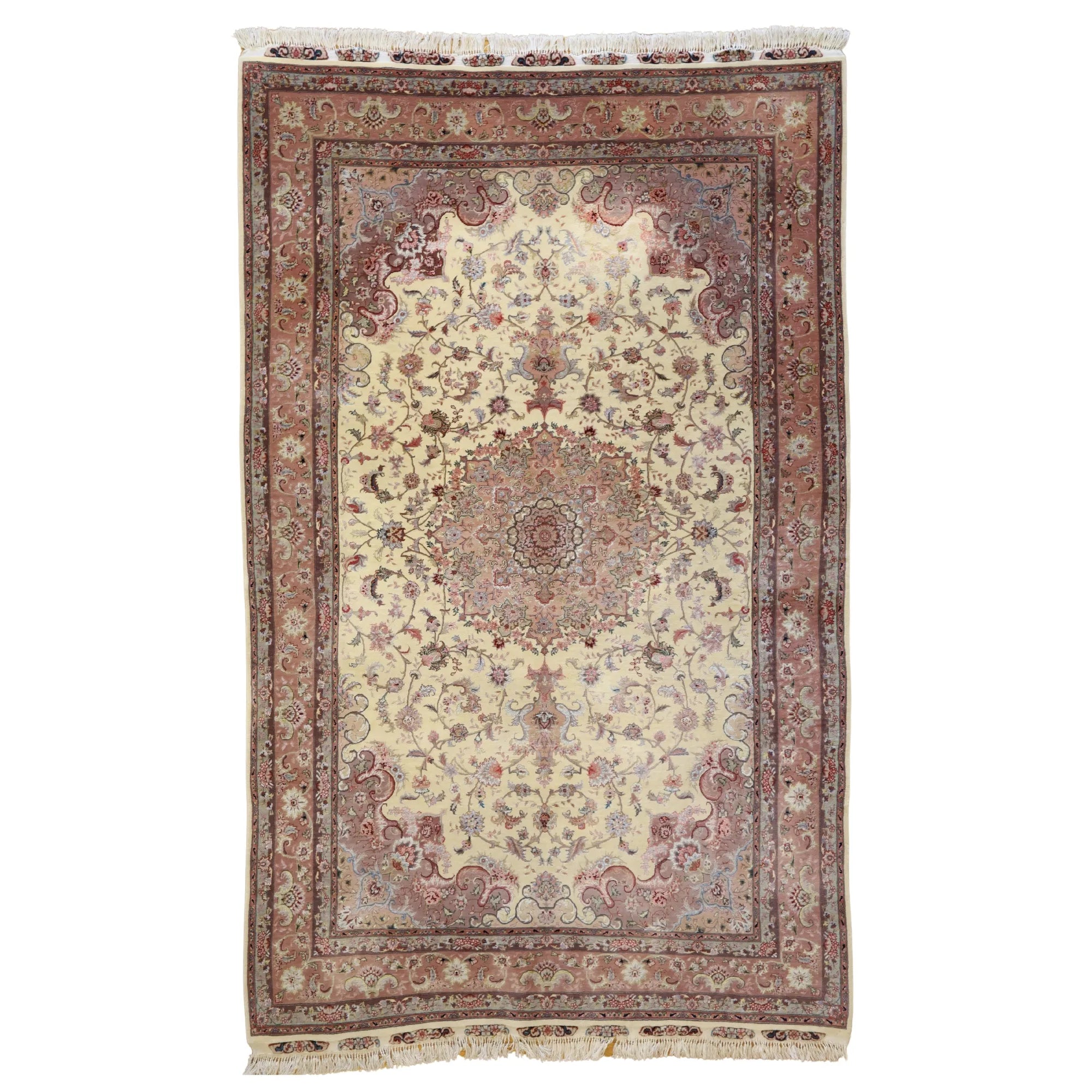 5' 8" x 9' 1" IVORY AND MAUVE TABRIZ FLORAL PAKISTANI RUG