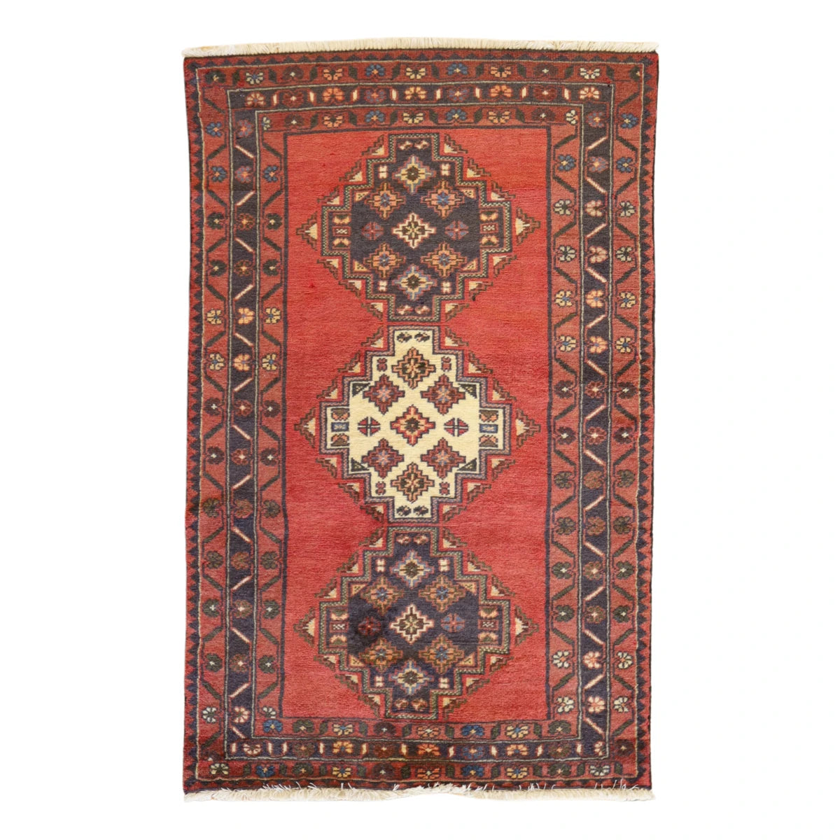 3'0" x 5'0" RED AND  HAMEDAN GEOMETRIC PERSIAN RUG