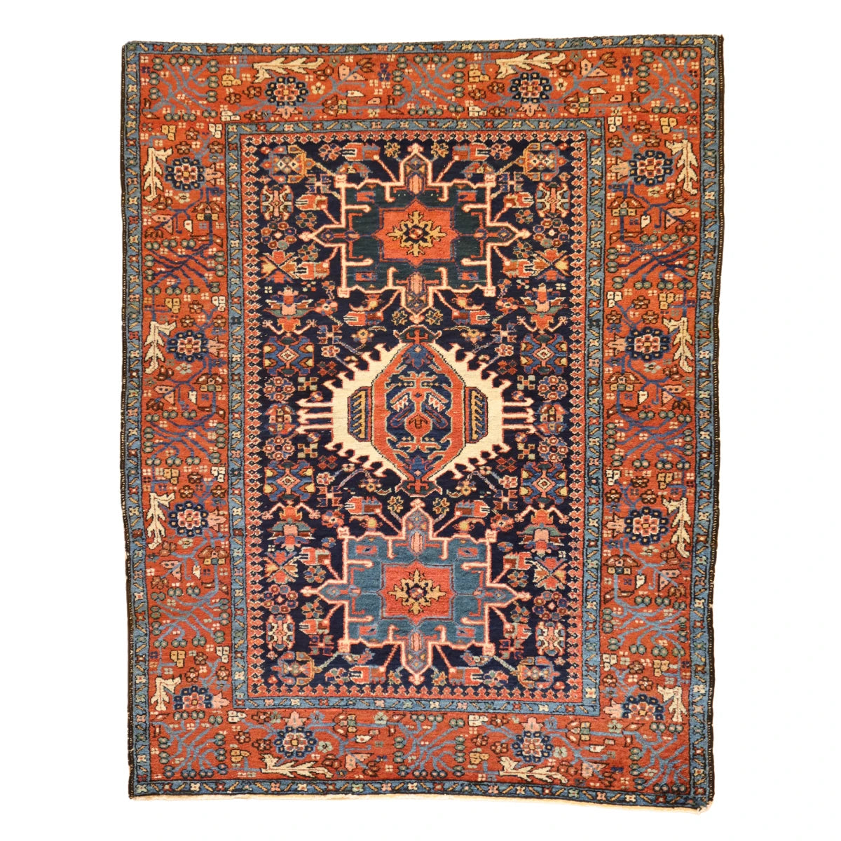 5'0" x 6'4" NAVY AND RED KARAJEH GEOMETRIC PERSIAN RUG