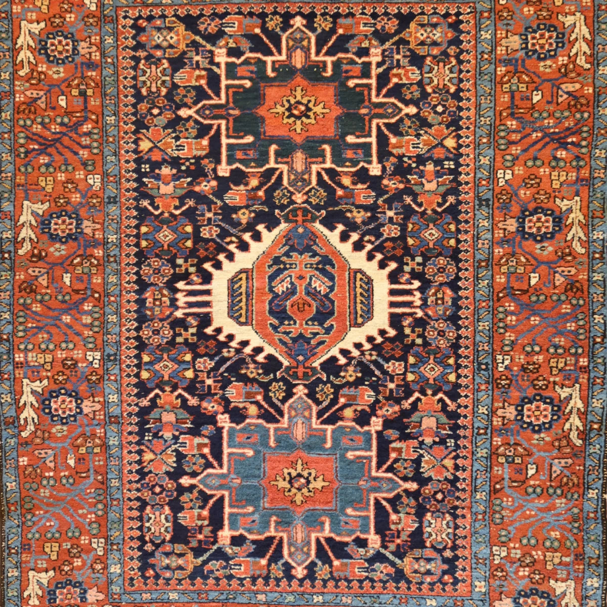 5'0" x 6'4" NAVY AND RED KARAJEH GEOMETRIC PERSIAN RUG