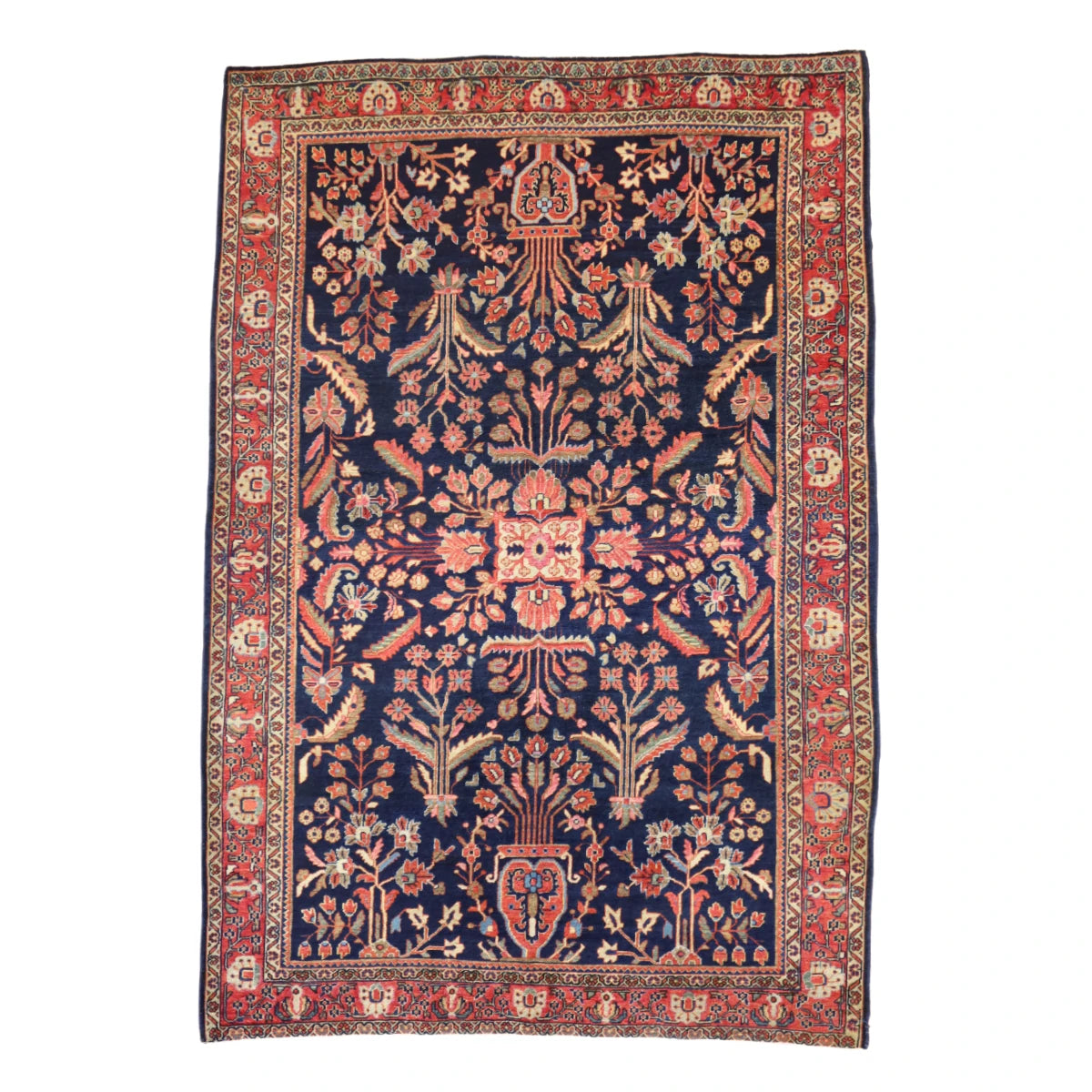 4'5" x 6'8" NAVY AND RED SAROUK FLORAL PERSIAN RUG