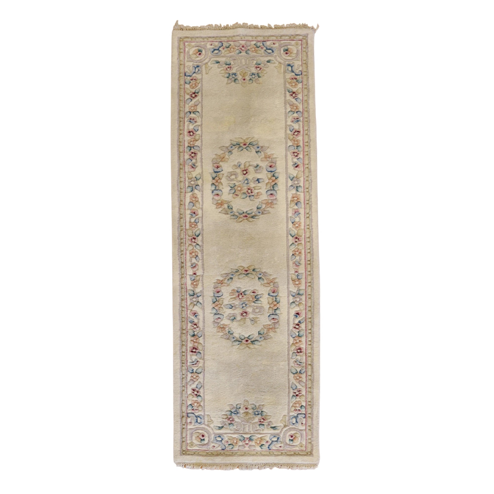 2'8" x 7'11" IVORY AND BEIGE AUBUSSON FLORAL INDIAN RUG