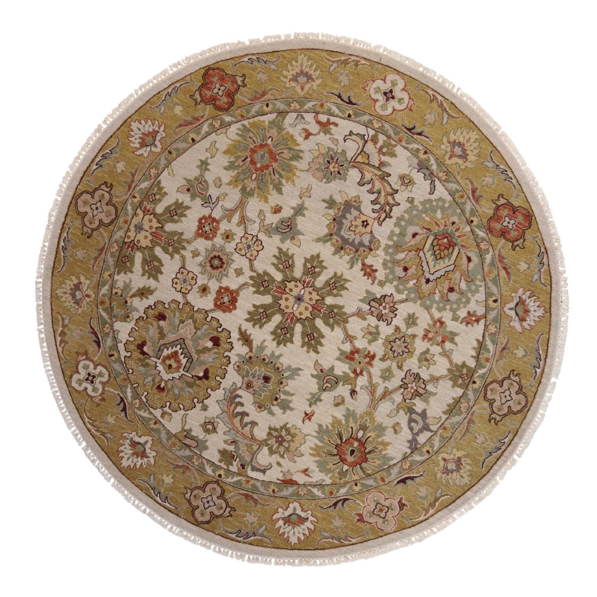 8'0" x 8'0" BEIGE AND GOLD SOUMAK FLORAL INDIAN RUG