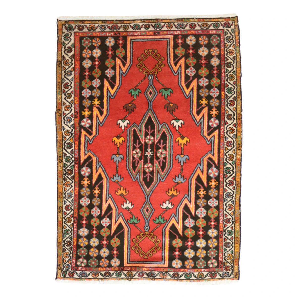 3'6" x 5'0" RED AND IVORY HAMEDAN GEOMETRIC PERSIAN RUG