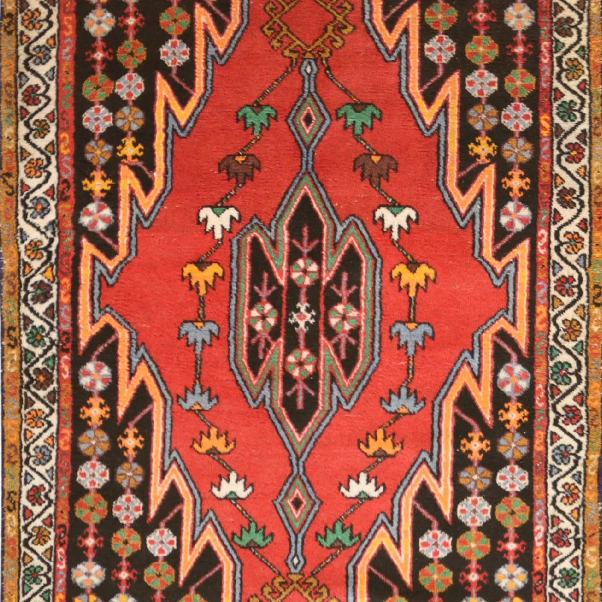 3'6" x 5'0" RED AND IVORY HAMEDAN GEOMETRIC PERSIAN RUG