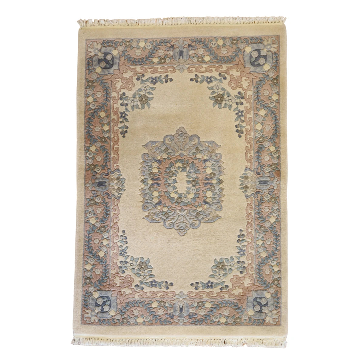 4'0" x 6'0" IVORY AND PINK ART-DECO FLORAL CHINESE RUG