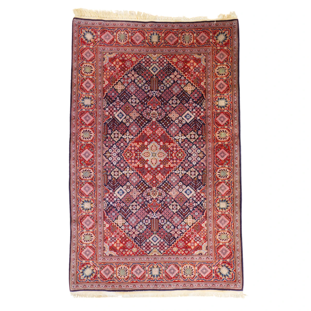 4'5" x 6'11" NAVY AND RED KASHAN GEOMETRIC PERSIAN RUG