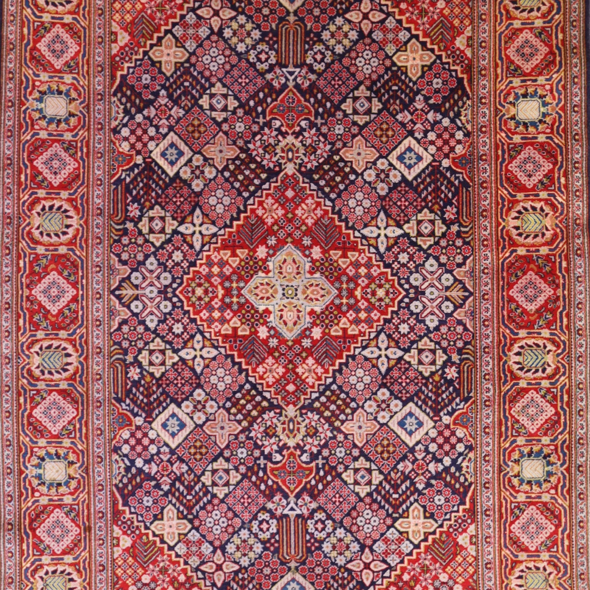 4'5" x 6'11" NAVY AND RED KASHAN GEOMETRIC PERSIAN RUG