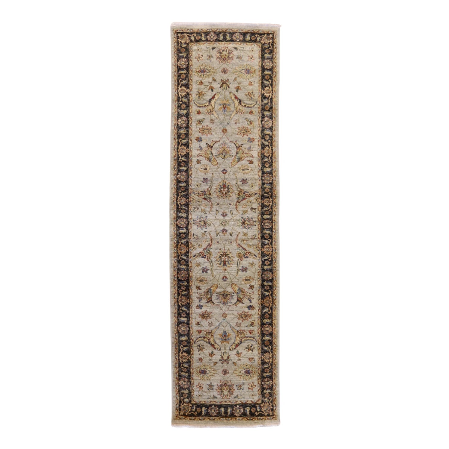 2' 7" x 9' 8" TAN AND CHARCOAL JAIPUR FLORAL INDIAN RUG