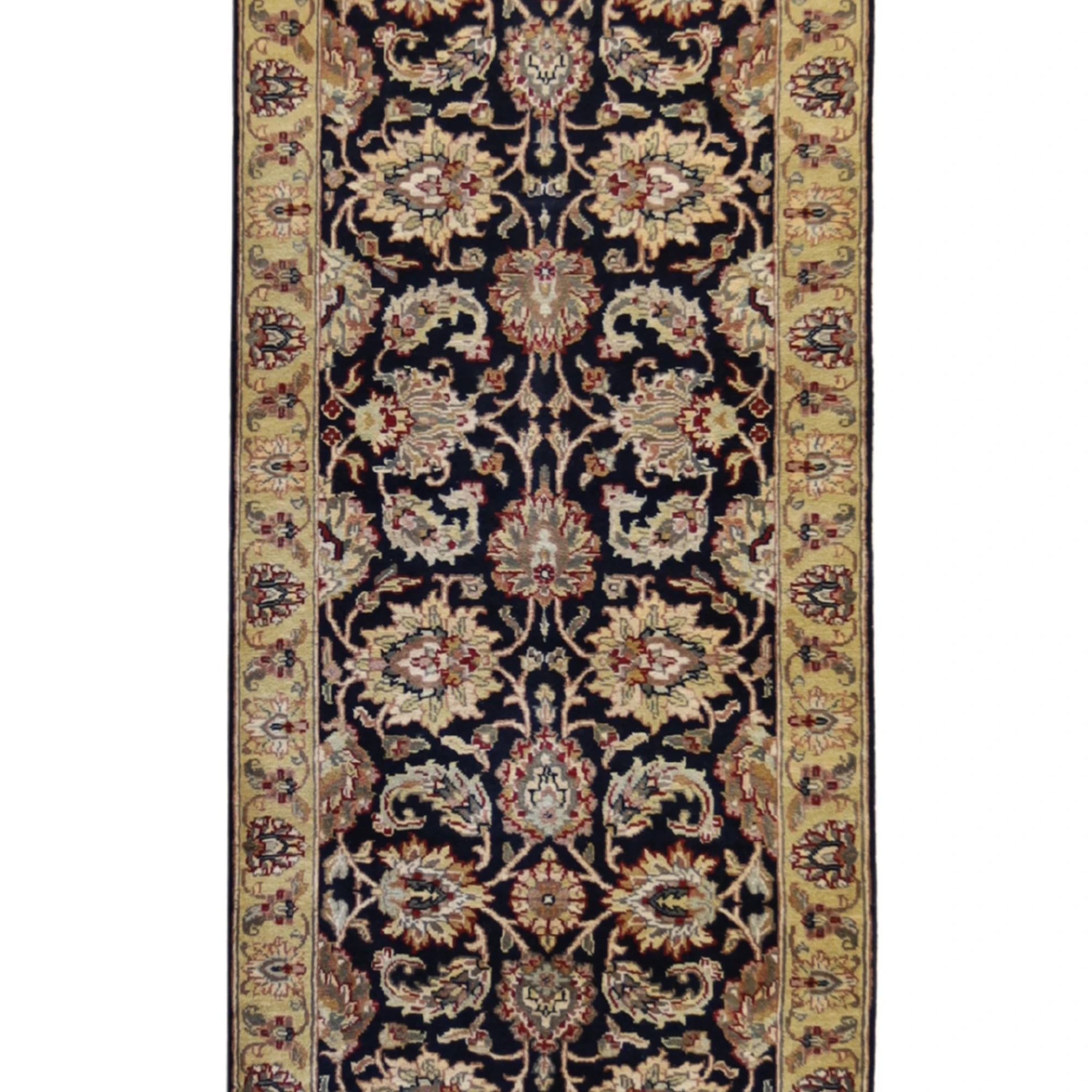 2'9" x 10'0" BLACK AND GOLD JAIPUR FLORAL INDIAN RUG