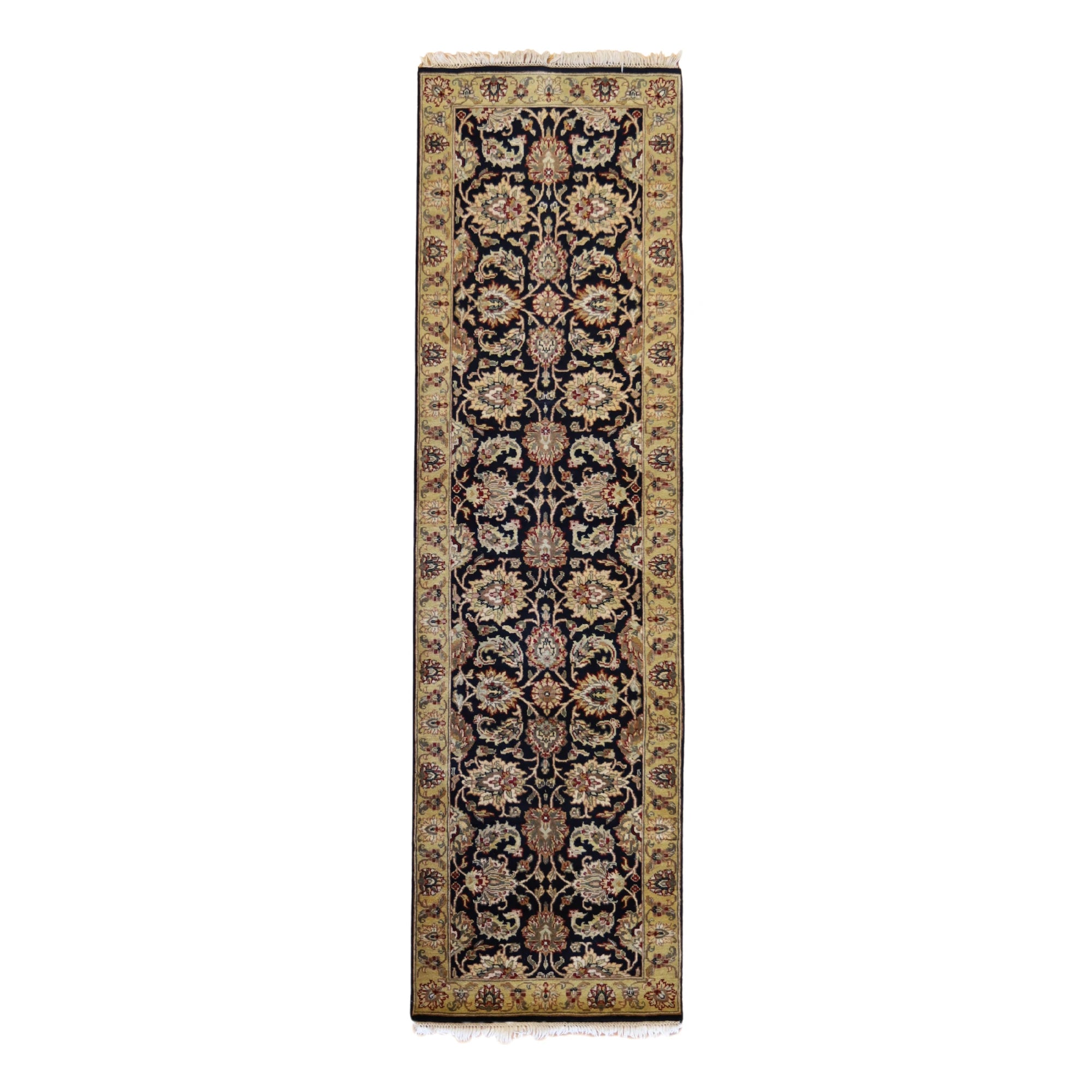 2'9" x 10'0" BLACK AND GOLD JAIPUR FLORAL INDIAN RUG