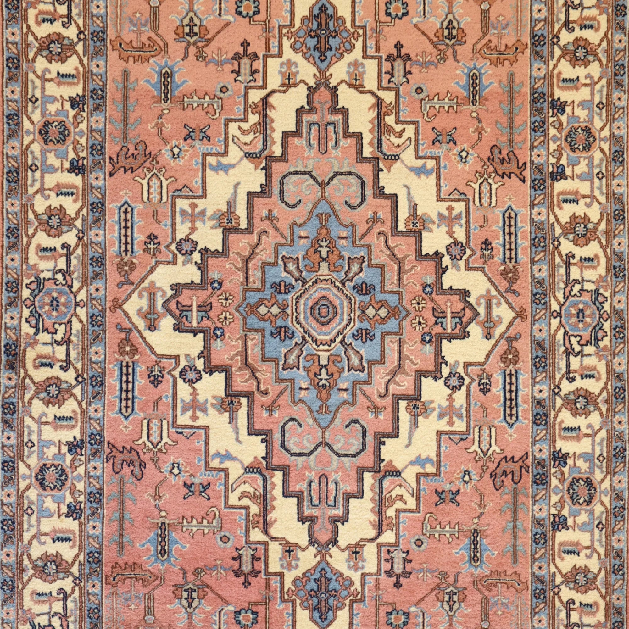 5' 8" x 8' 10" ROSE AND BEIGE HERIZ GEOMETRIC ROMANIAN RUG