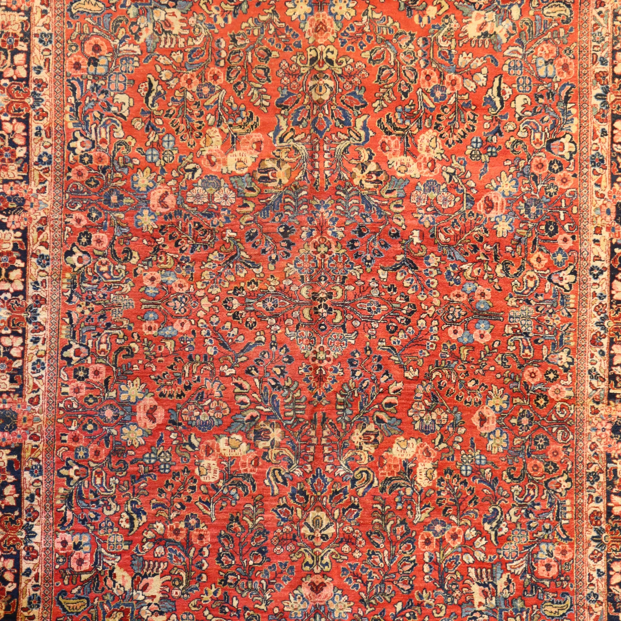 8'9" x 11'3" RUST AND BLUE SAROUK ANTIQUE PERSIAN RUG