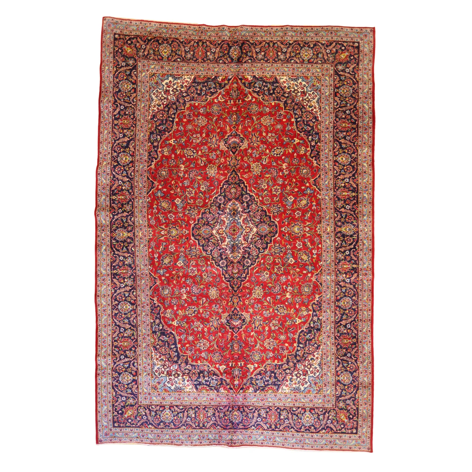 9'8" x 14'7" RED AND NAVY KASHAN FLORAL PERSIAN RUG