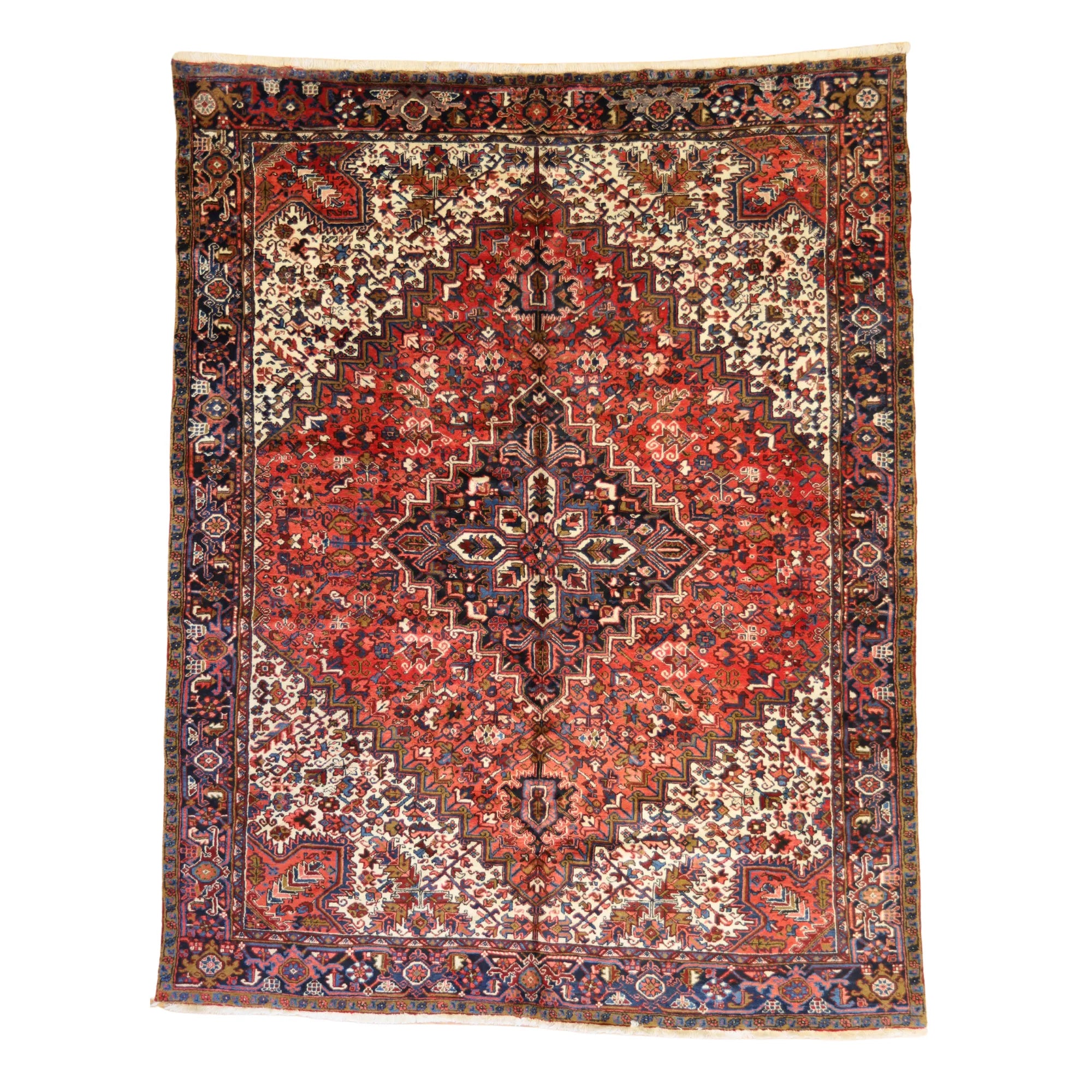 9'0" x 11'6" RED AND NAVY HERIZ GEOMETRIC PERSIAN RUG
