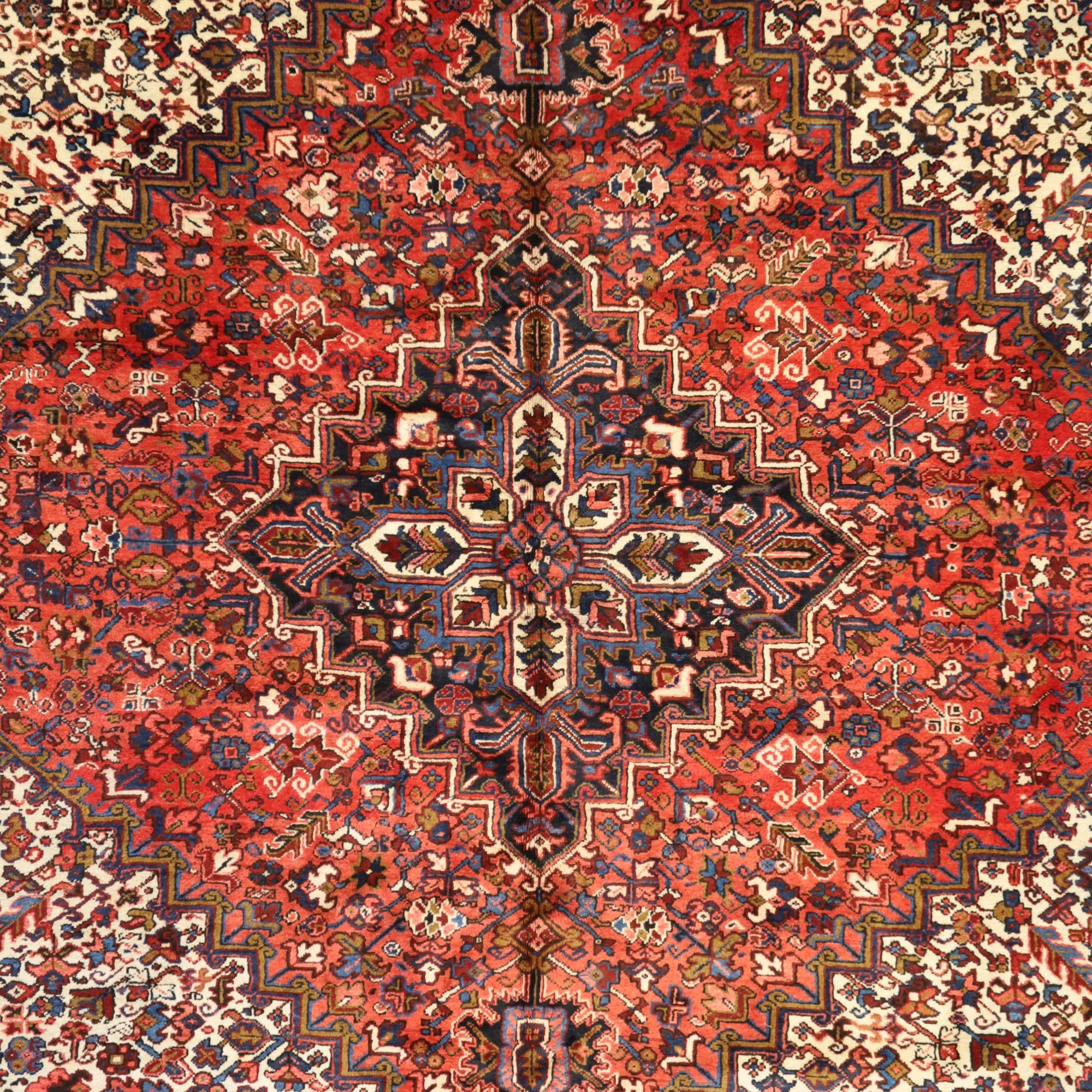 9'0" x 11'6" RED AND NAVY HERIZ GEOMETRIC PERSIAN RUG