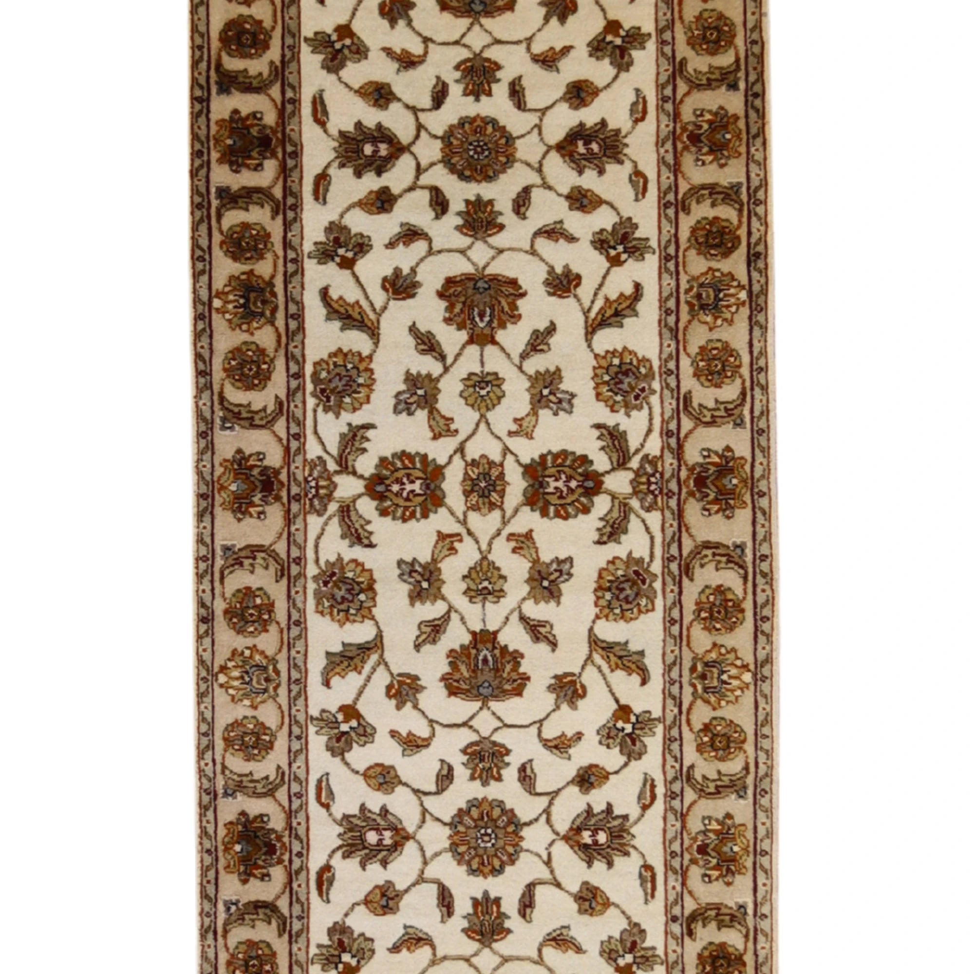 2'7" x 12'0" IVORY AND TAN JAIPUR FLORAL INDIAN RUG