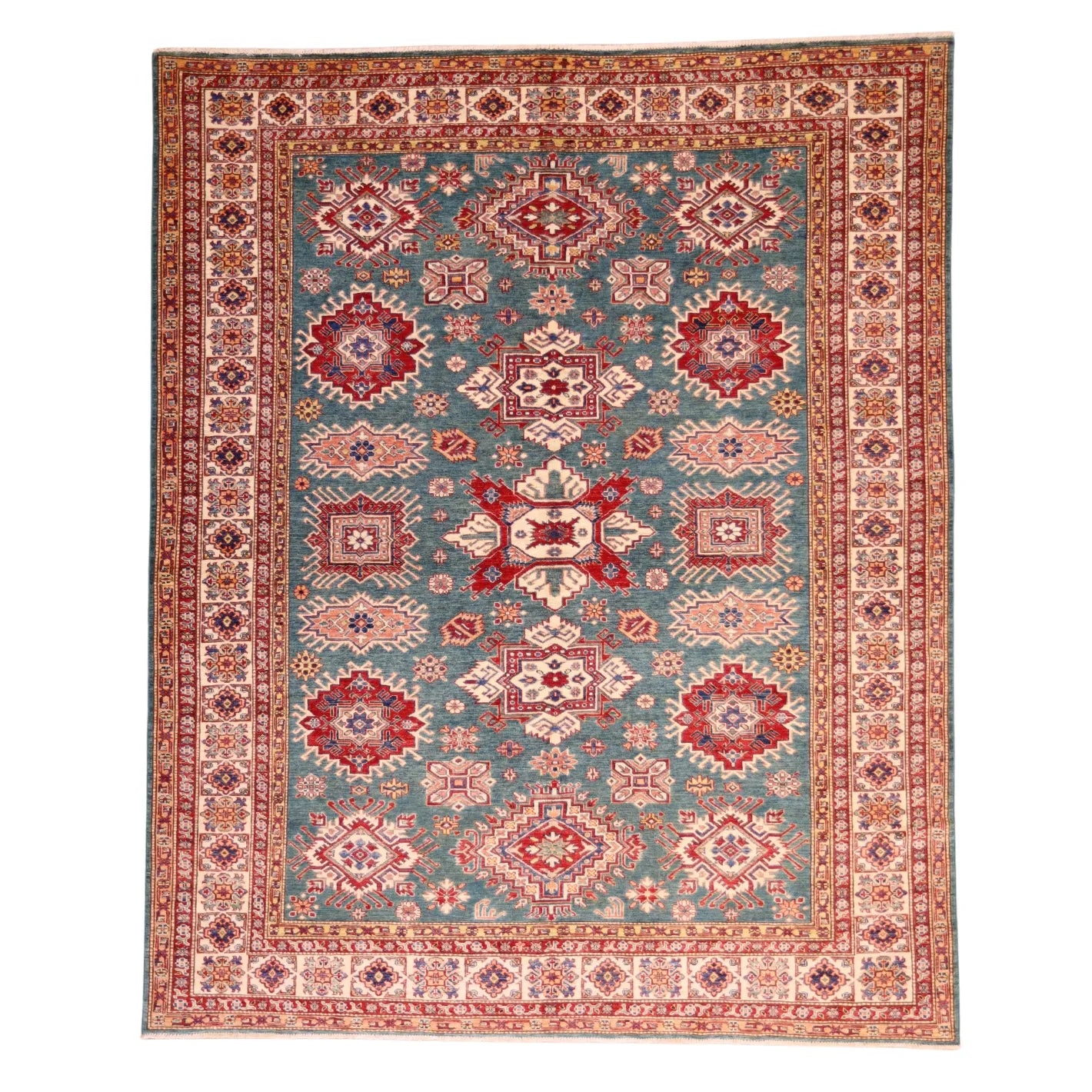8'1" x 9'11" GREEN AND BEIGE KAZAK PAKISTANI GEOMETRIC RUG
