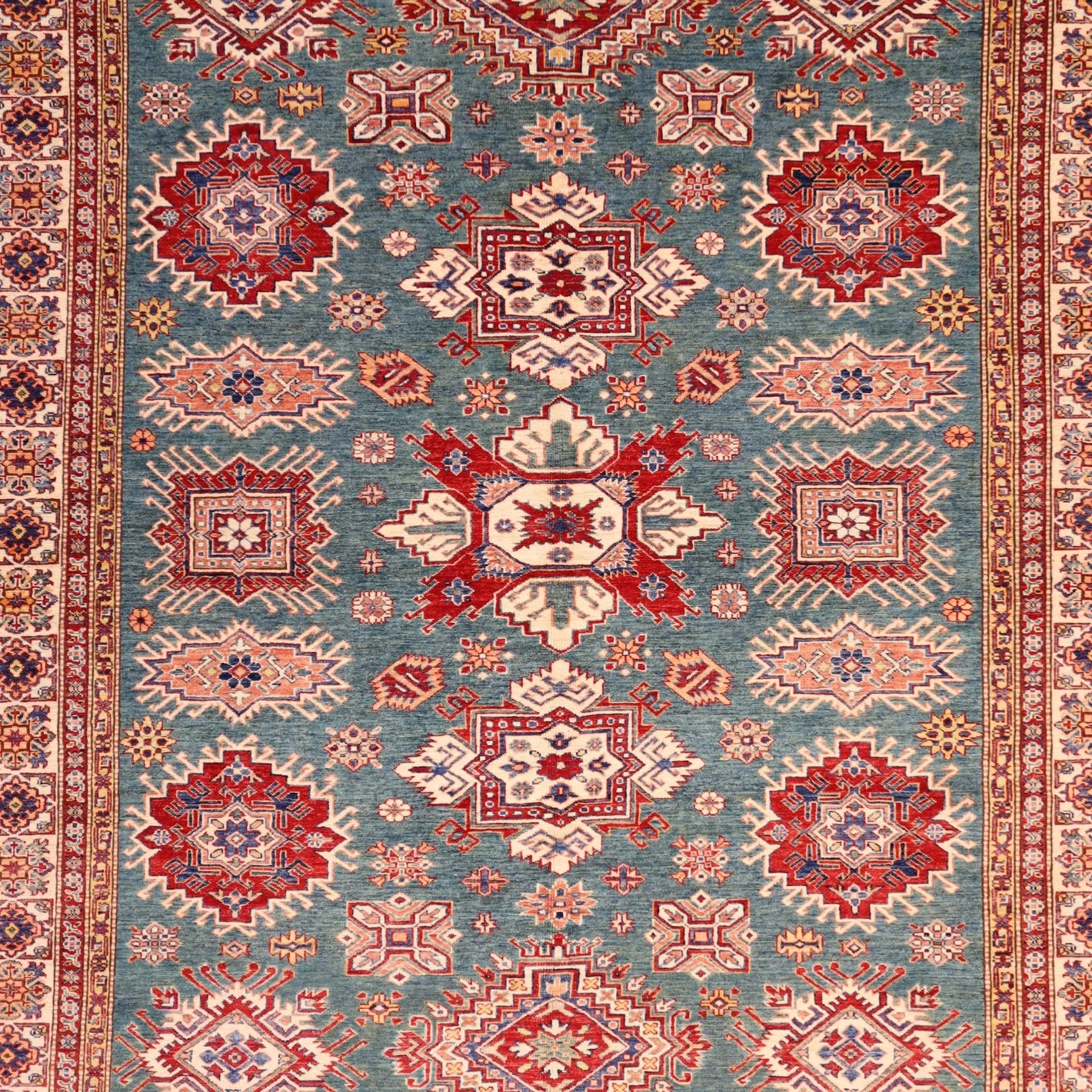 8'1" x 9'11" GREEN AND BEIGE KAZAK PAKISTANI GEOMETRIC RUG
