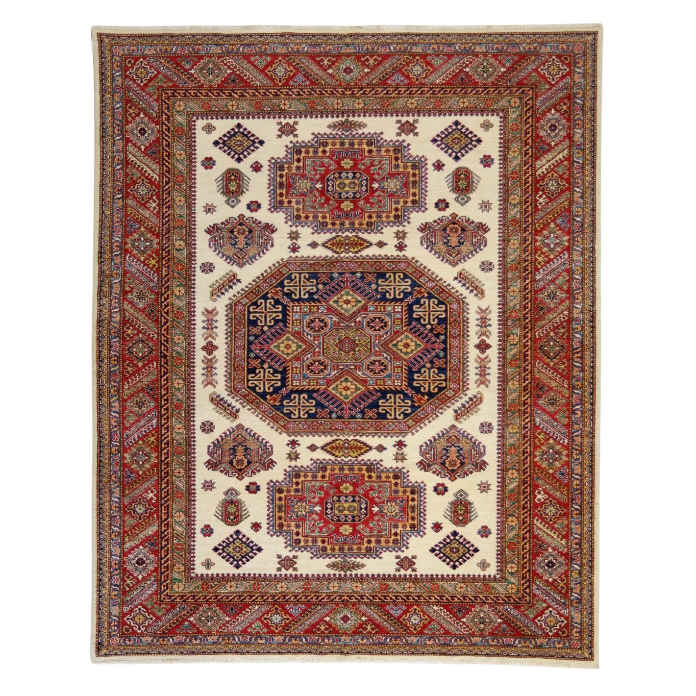 8'2" x 10'1" BEIGE AND RED KAZAK PAKISTANI GEOMETRIC RUG
