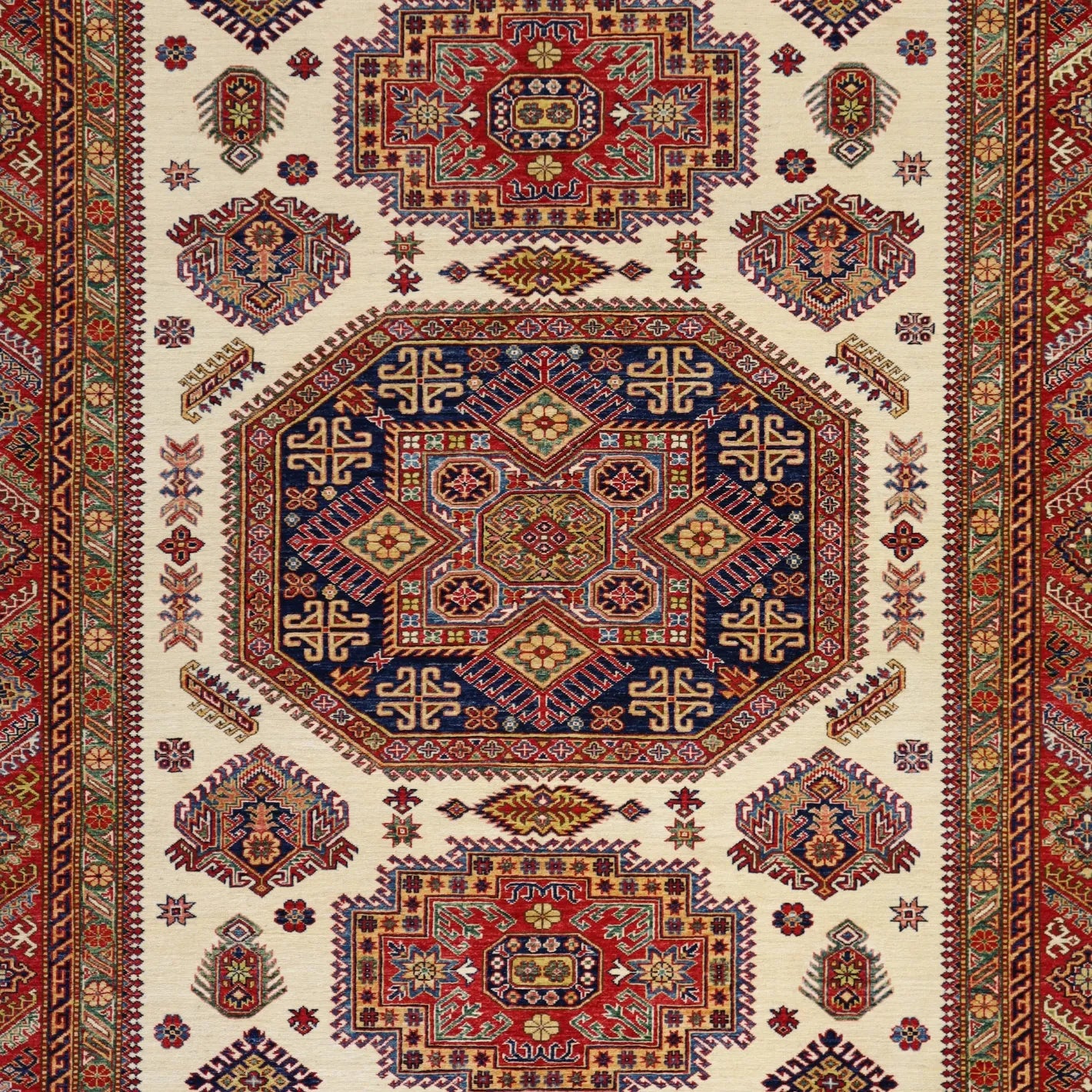 8'2" x 10'1" BEIGE AND RED KAZAK PAKISTANI GEOMETRIC RUG