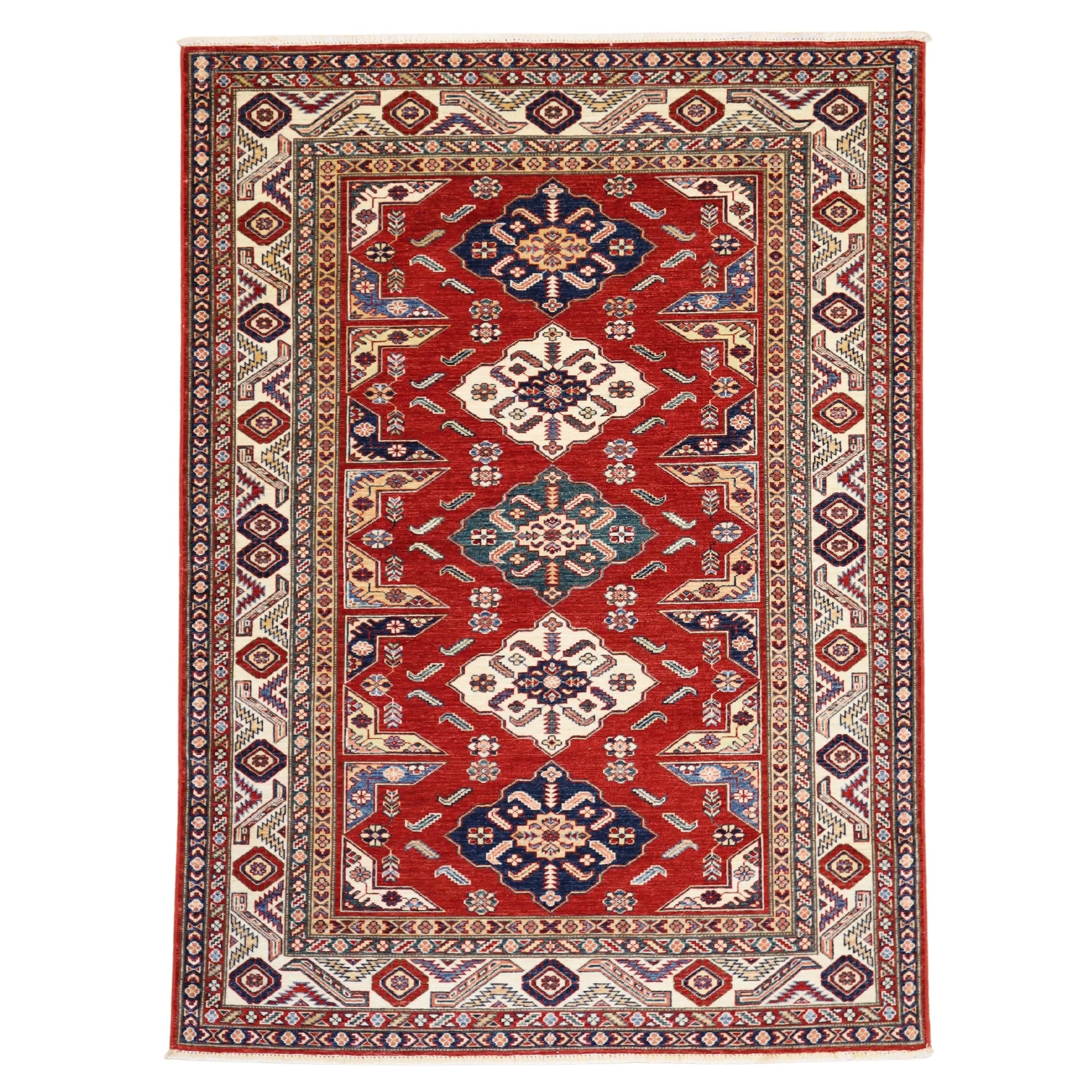 4' 11" x 6' 8" RED AND BEIGE KAZAK GEOMETRIC PAKISTANI RUG