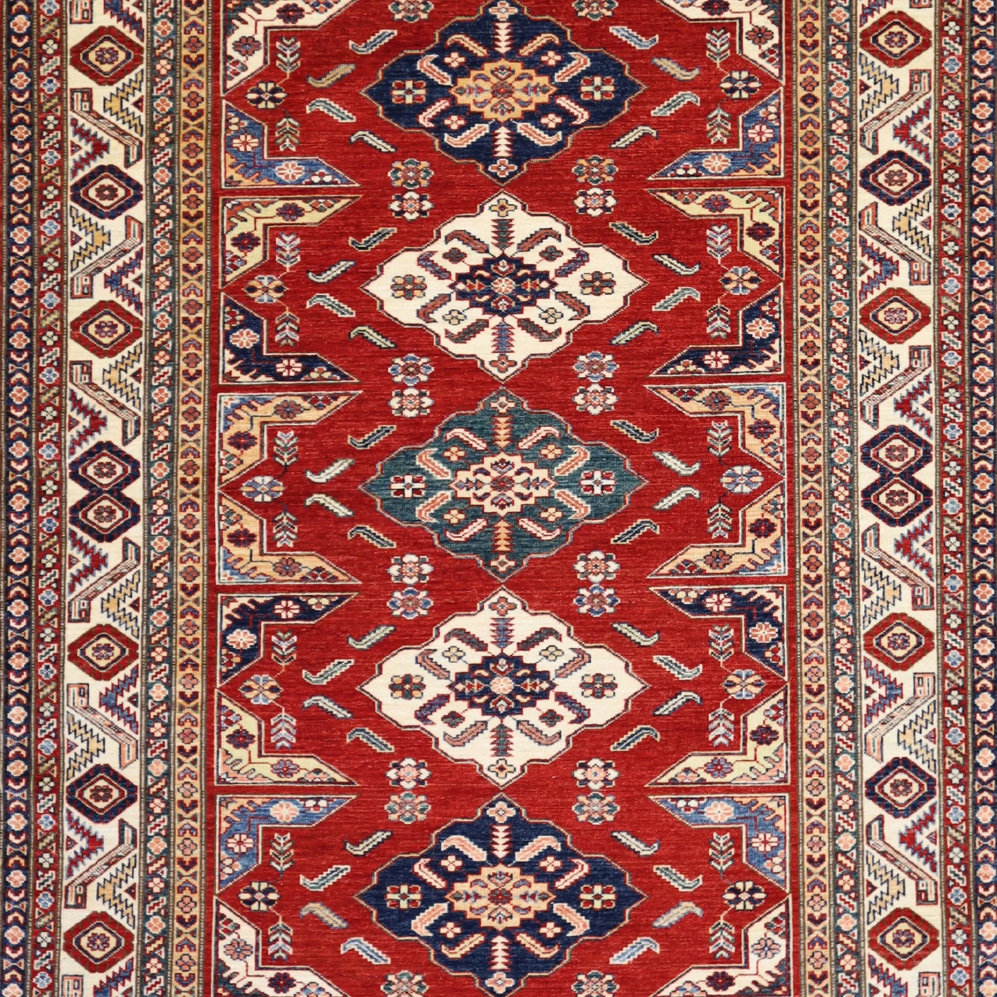 4' 11" x 6' 8" RED AND BEIGE KAZAK GEOMETRIC PAKISTANI RUG