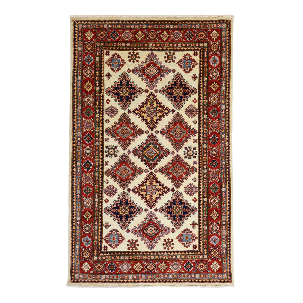 3'10" x 6'3" BEIGE AND RED KAZAK GEOMETRIC PAKISTANI RUG