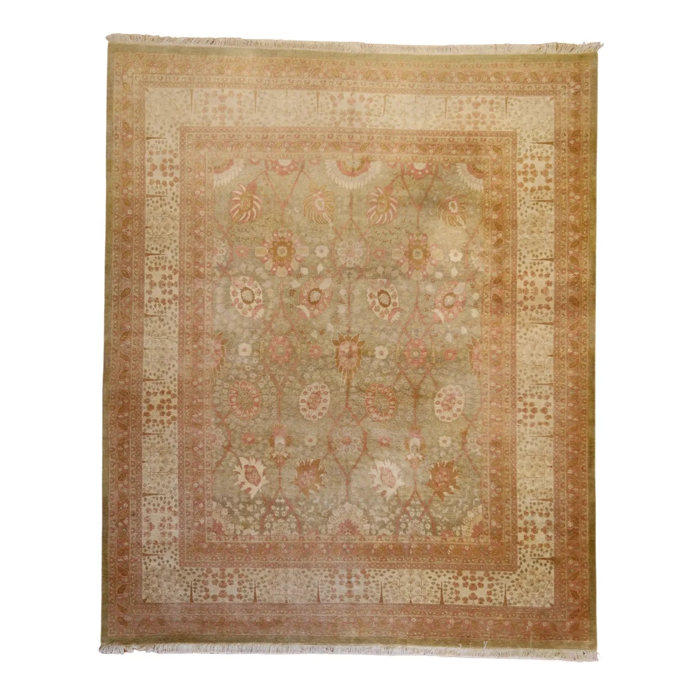 8'3" x 10'0" GREEN AND BEIGE PESHAWAR PAKISTANI FLORAL RUG