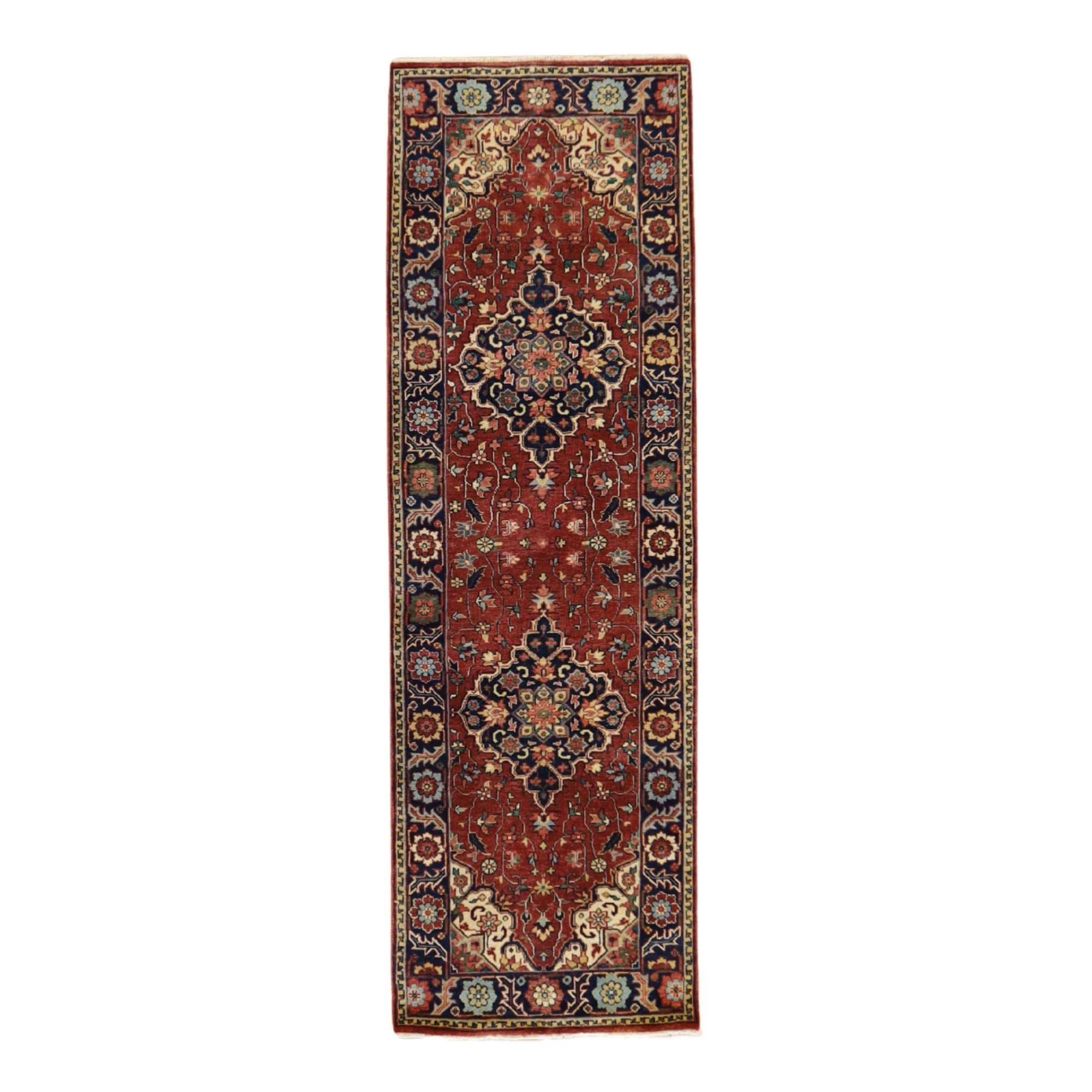 2'6" x 10'1" RED AND BLUE SERAPI GEOMETRIC INDIAN RUG