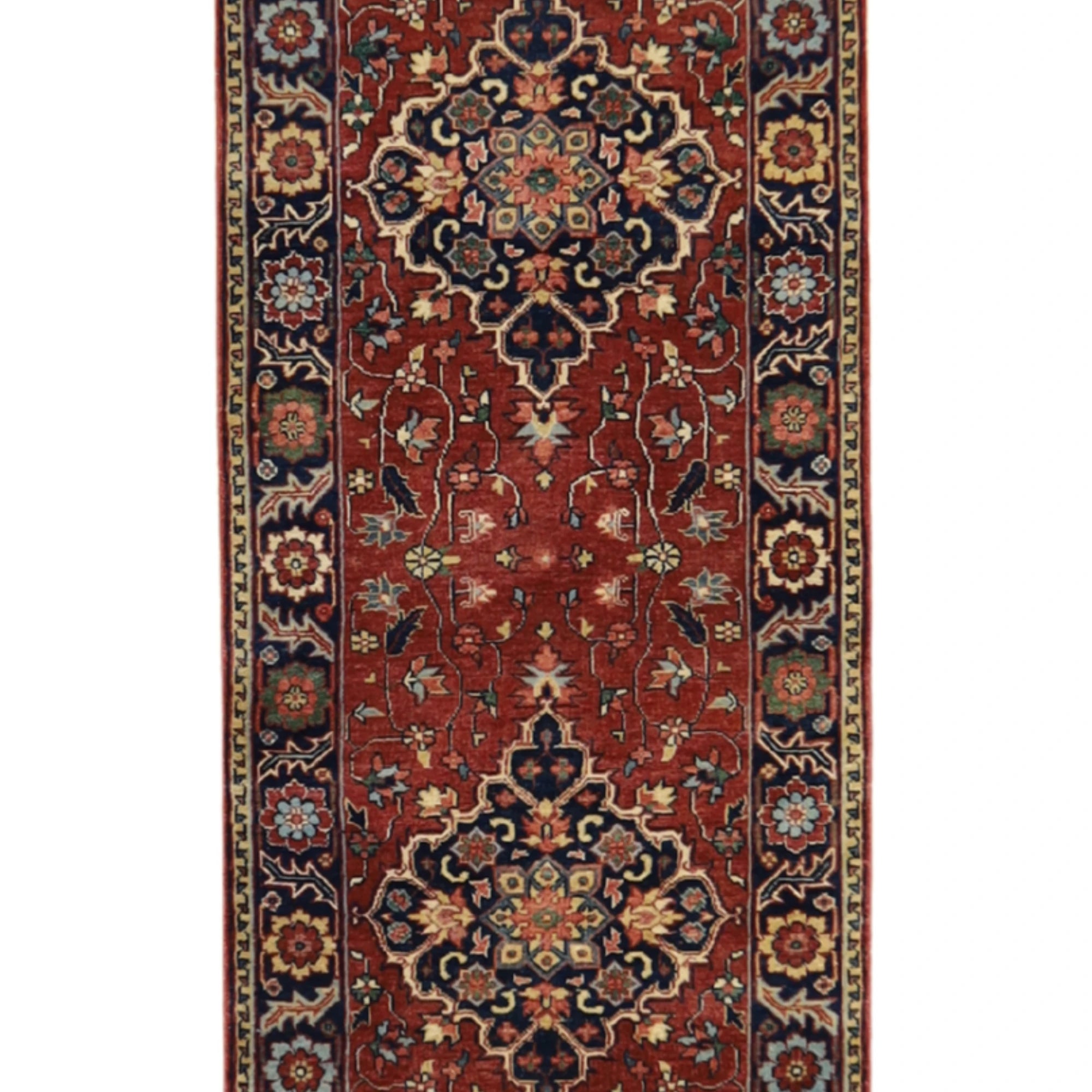 2'6" x 10'1" RED AND BLUE SERAPI GEOMETRIC INDIAN RUG