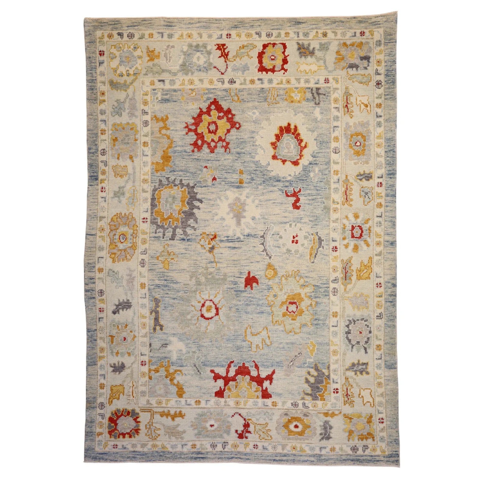 6' 0" x 8' 6" BLUE AND BEIGE OUSHAK GEOMETRIC TURKISH RUG