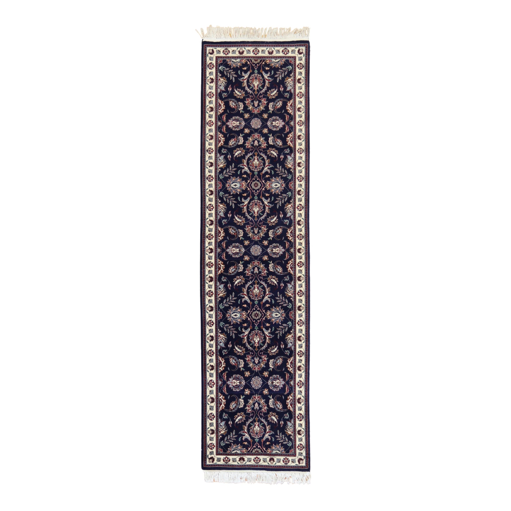 2'7" x 10'3" NAVY AND BEIGE KASHAN FLORAL INDIAN RUG