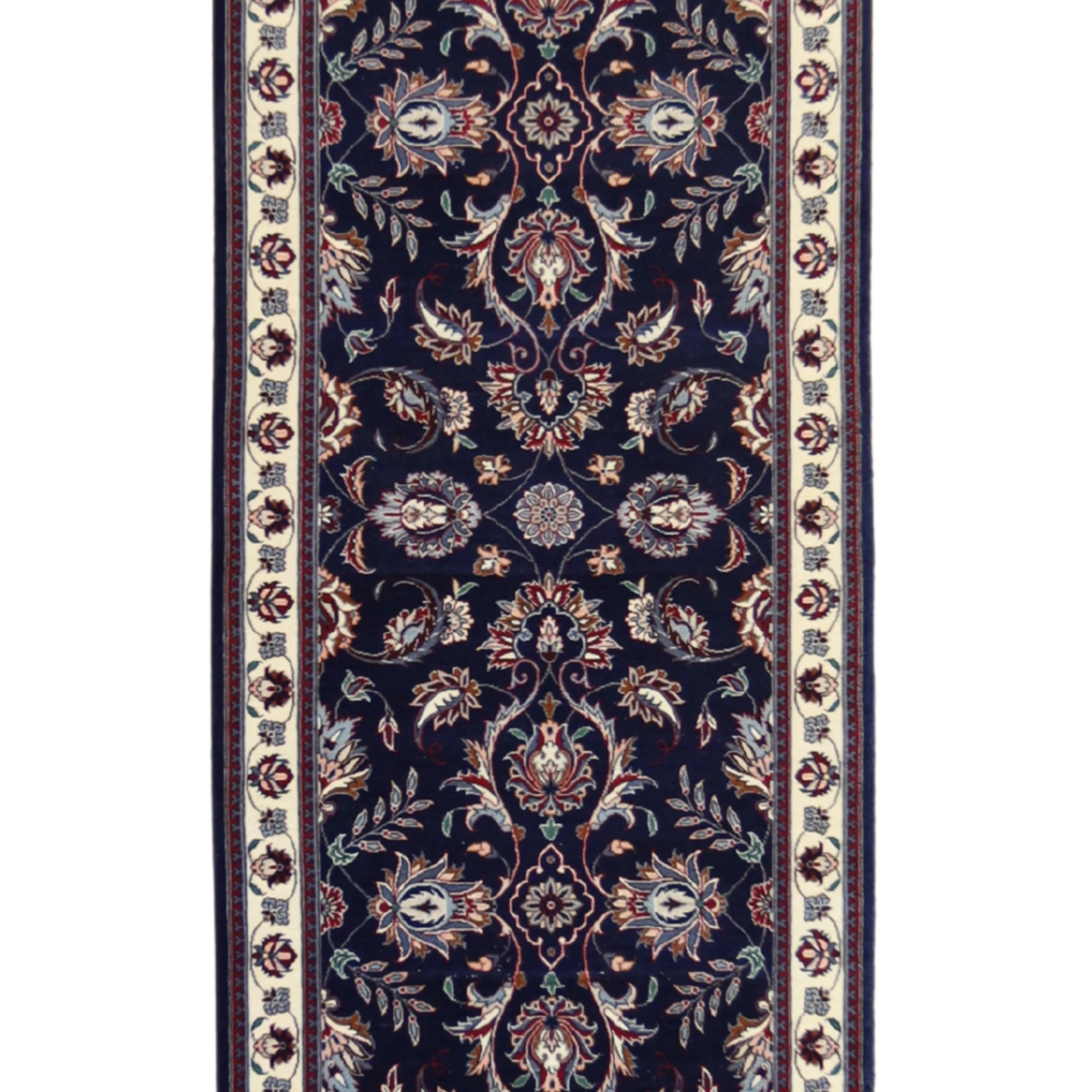 2'7" x 10'3" NAVY AND BEIGE KASHAN FLORAL INDIAN RUG