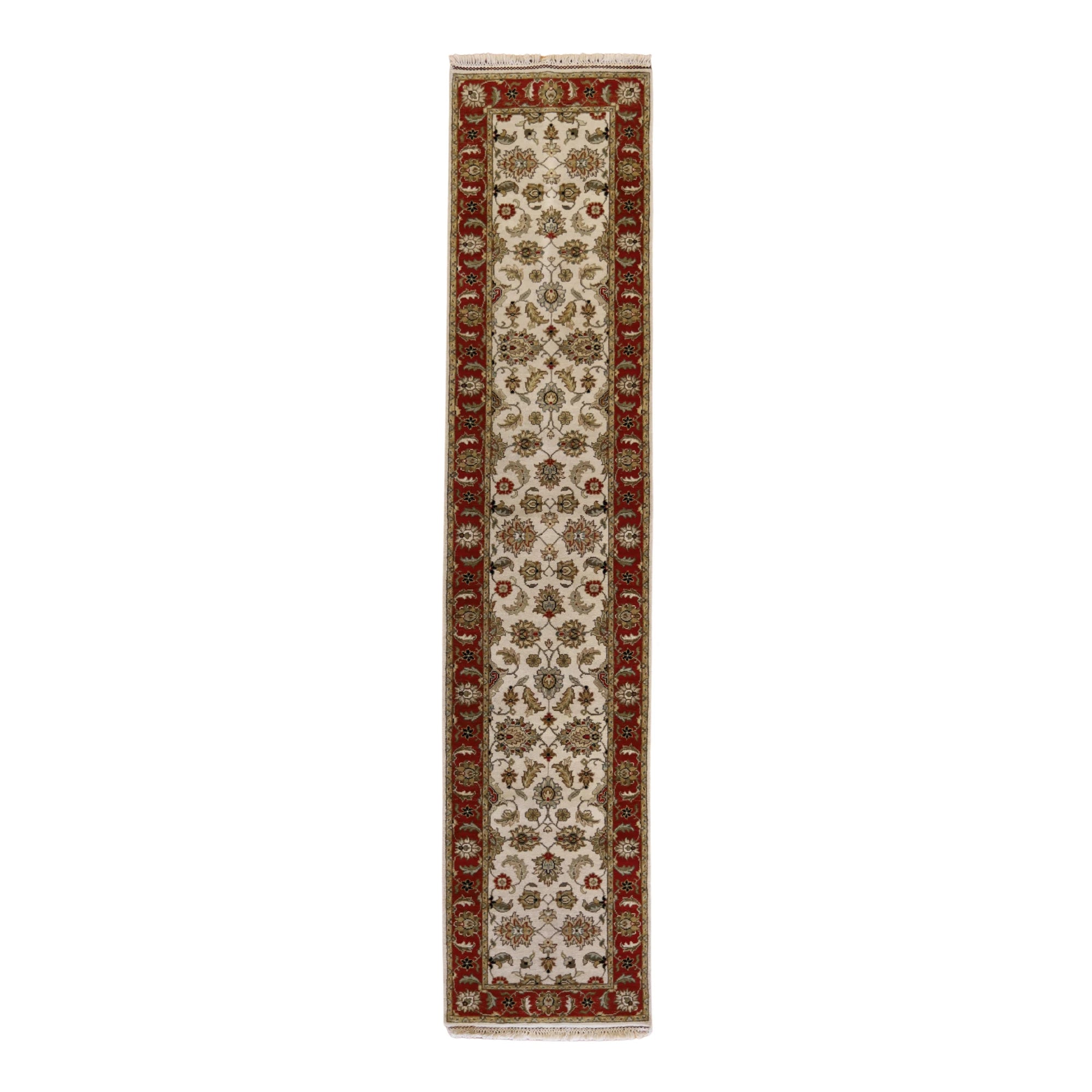 2'6" x 11'11" BEIGE AND RED JAIPUR FLORAL INDIAN RUG