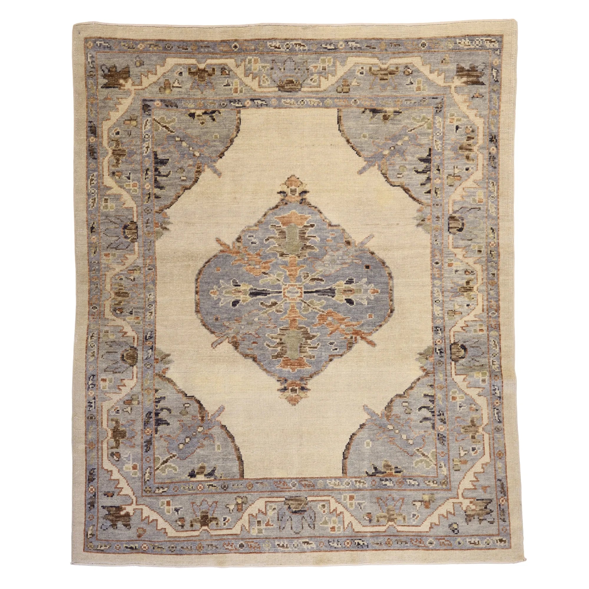 6' 3" x 7' 8" BEIGE AND BLUE OUSHAK GEOMETRIC TURKISH RUG