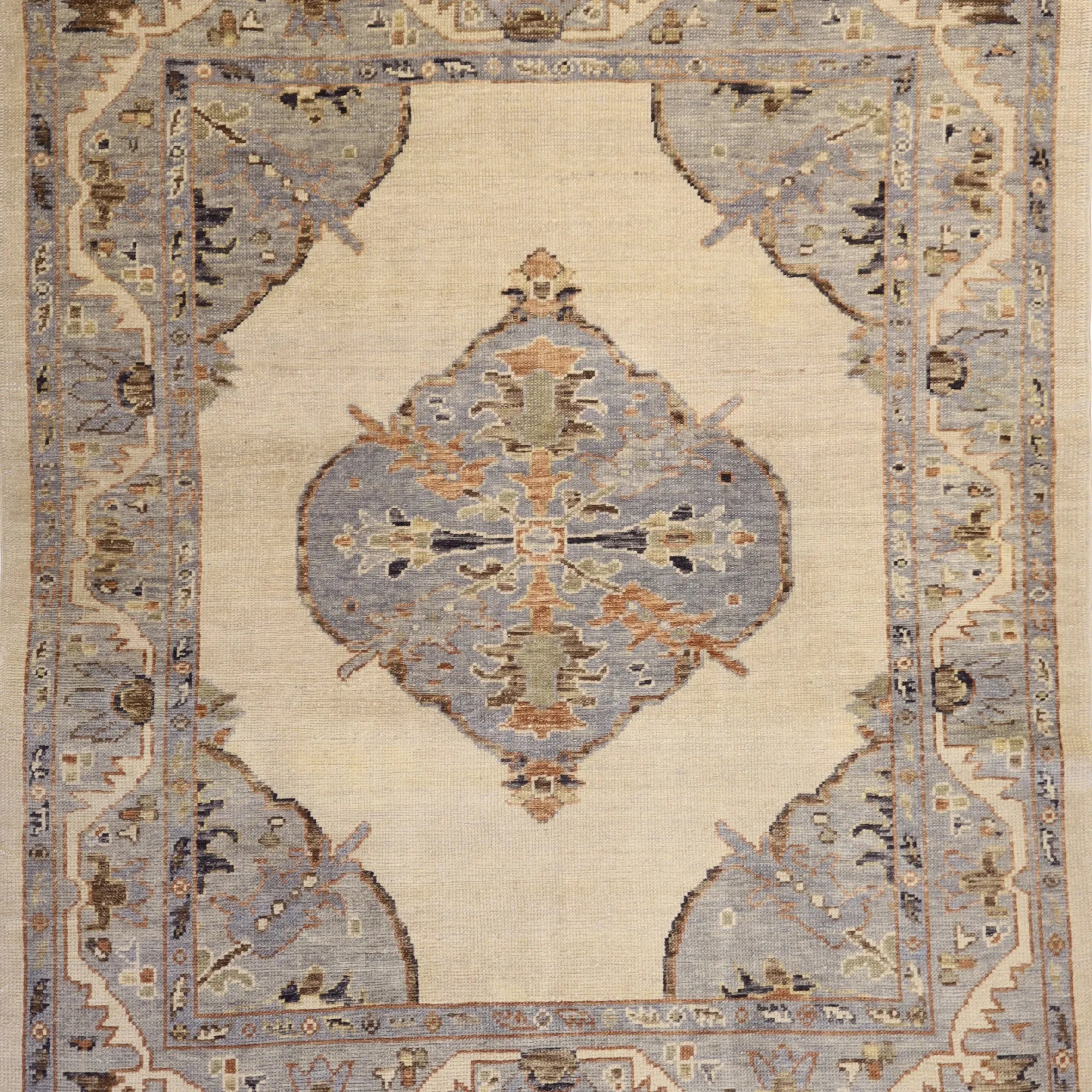 6' 3" x 7' 8" BEIGE AND BLUE OUSHAK GEOMETRIC TURKISH RUG