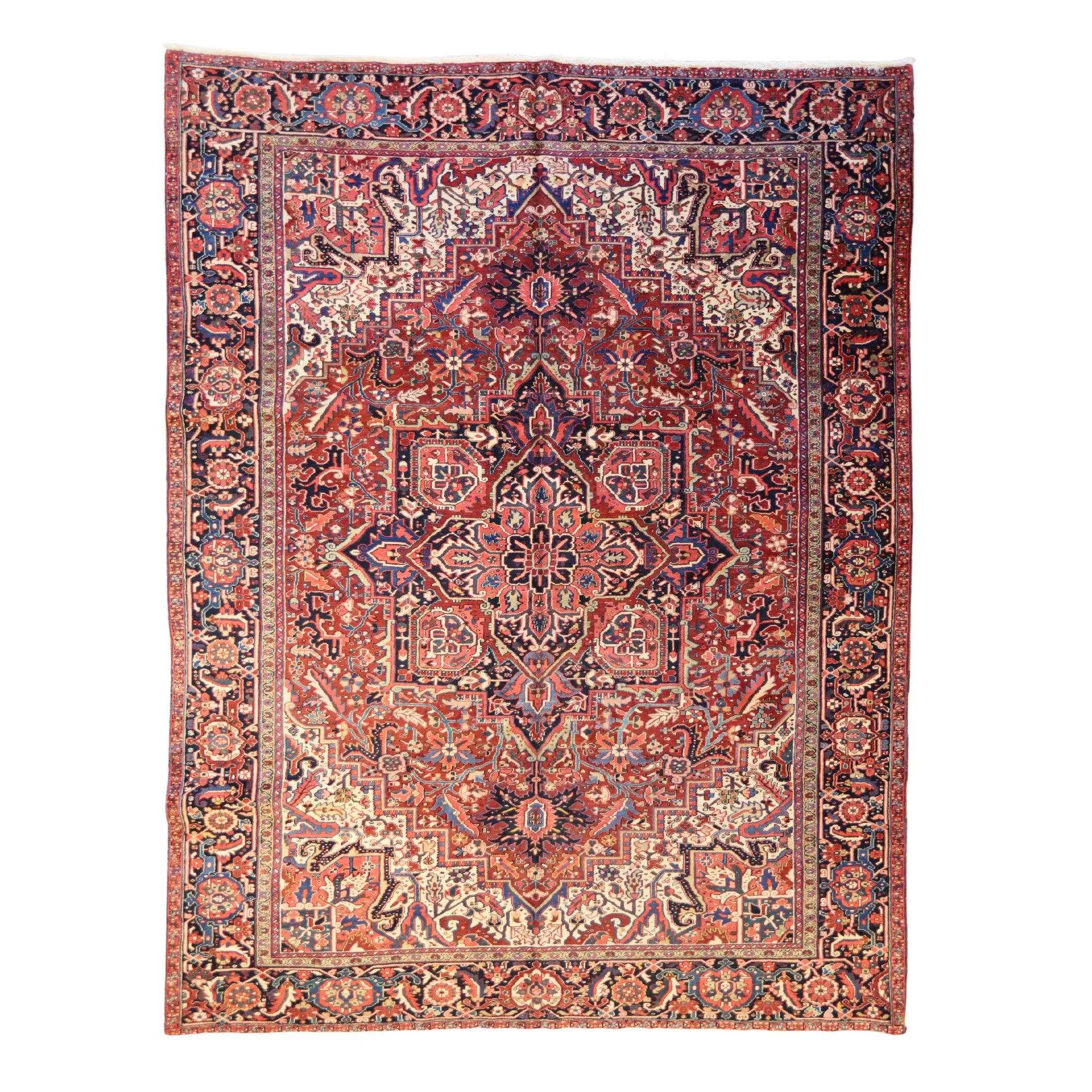 9'7" x 12'5" RED AND NAVY HERIZ GEOMETRIC PERSIAN RUG