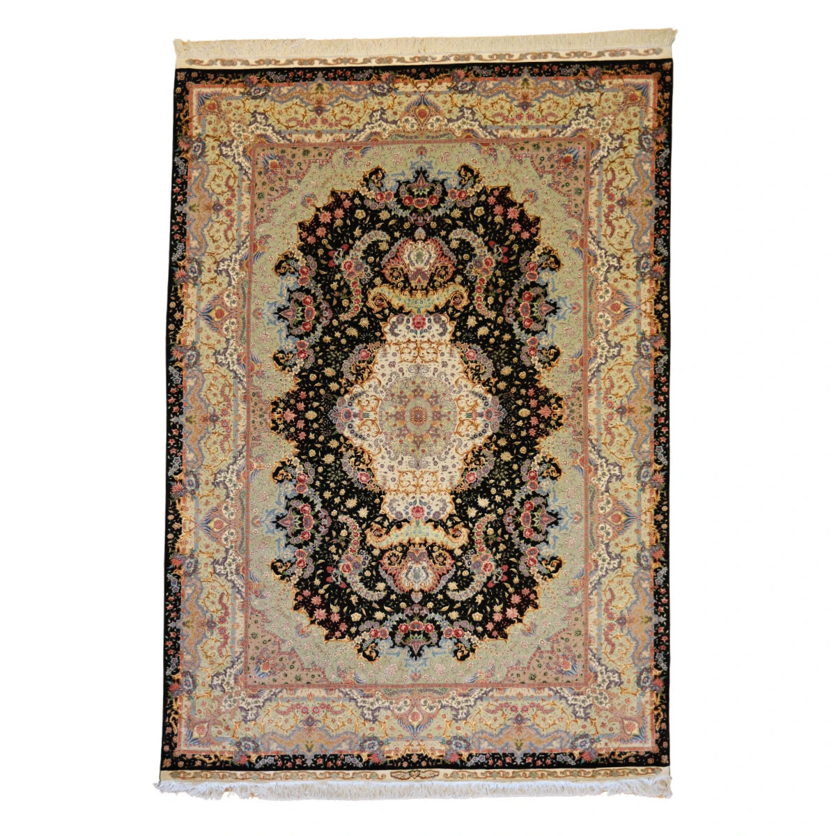 8'1" x 11'6" BLACK AND GREEN TABRIZ FLORAL PERSIAN RUG