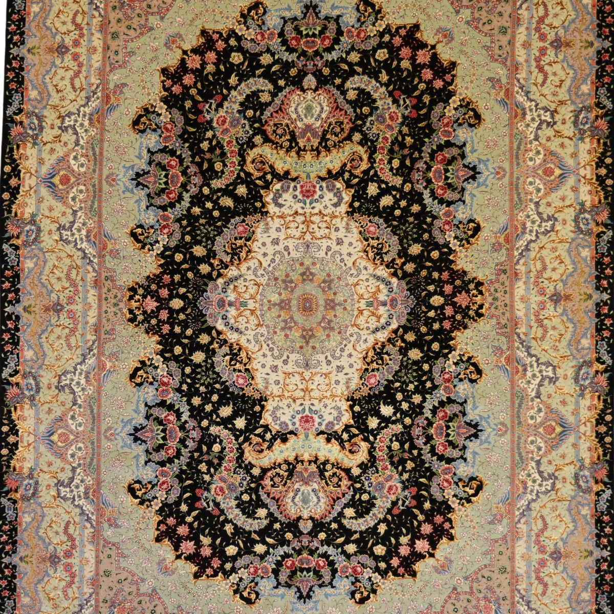 8'1" x 11'6" BLACK AND GREEN TABRIZ FLORAL PERSIAN RUG