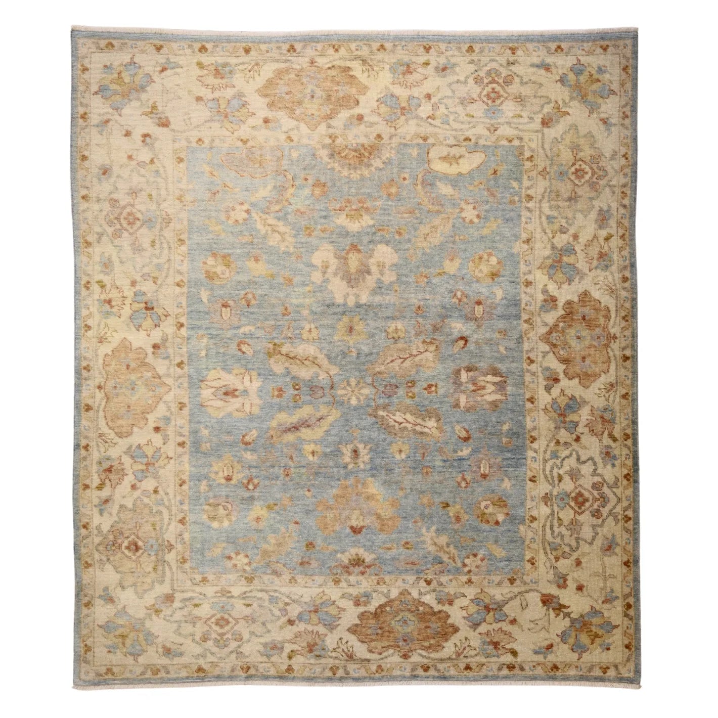 8'2" x 9'3" AQUA AND IVORY OUSHAK TURKISH GEOMETRIC RUG