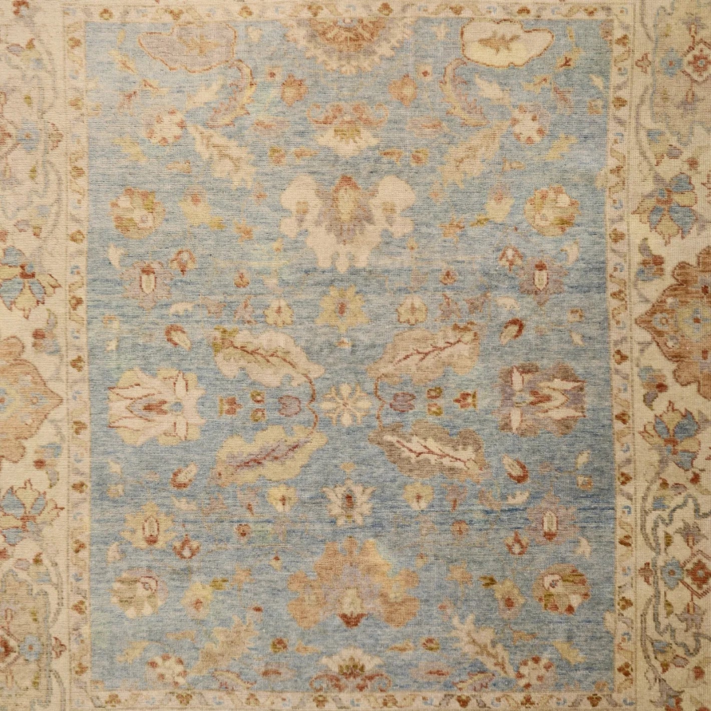 8'2" x 9'3" AQUA AND IVORY OUSHAK TURKISH GEOMETRIC RUG