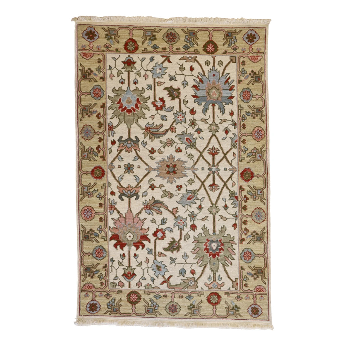 3'10" x 6'0" IVORY AND YELLOW  FLORAL INDIAN RUG