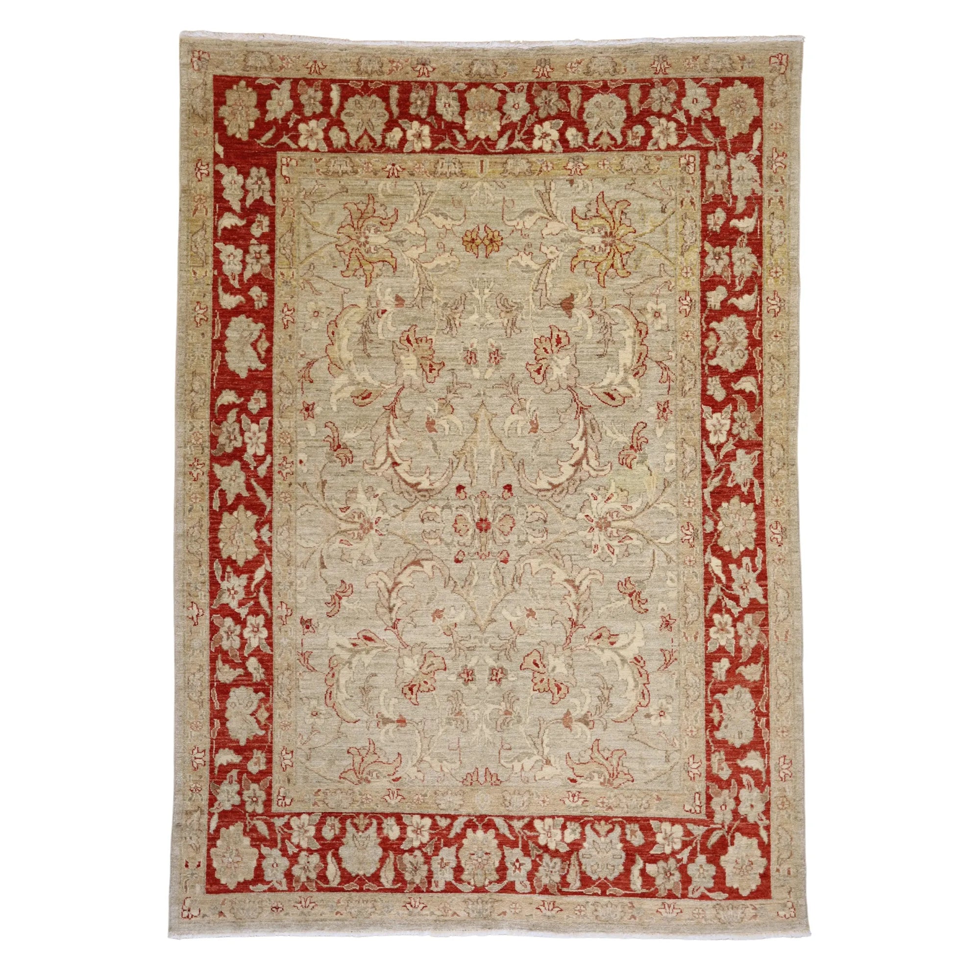 6' 0" x 8' 6" BEIGE AND RED PESHAWAR FLORAL PAKISTANI RUG