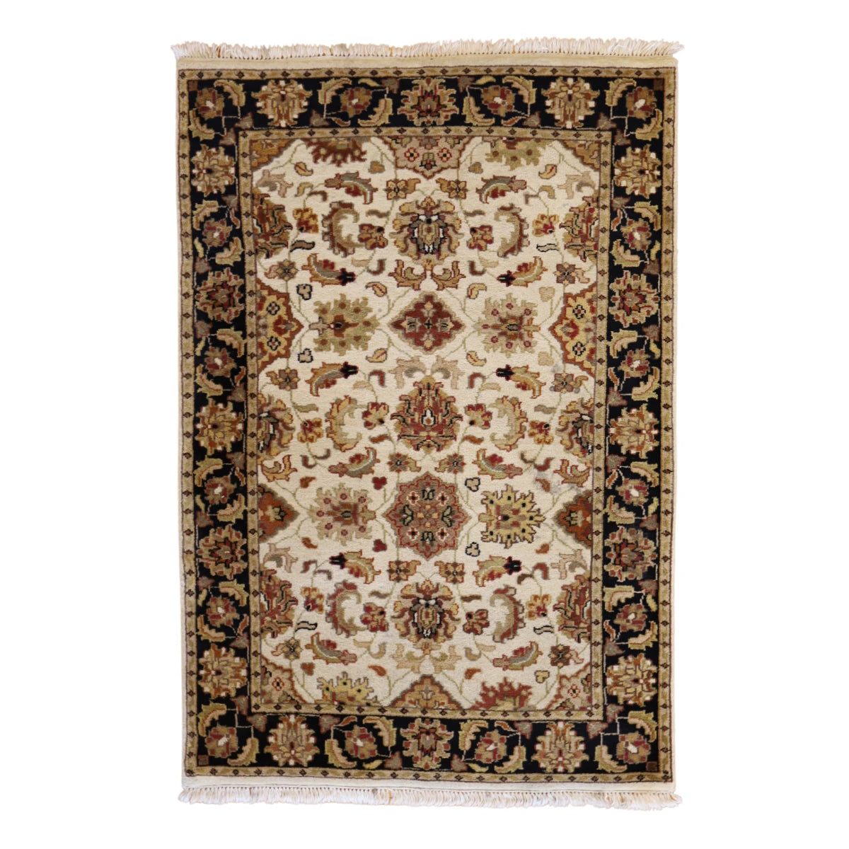 4'0" x 6'0" BEIGE AND BLACK JAIPUR FLORAL INDIAN RUG