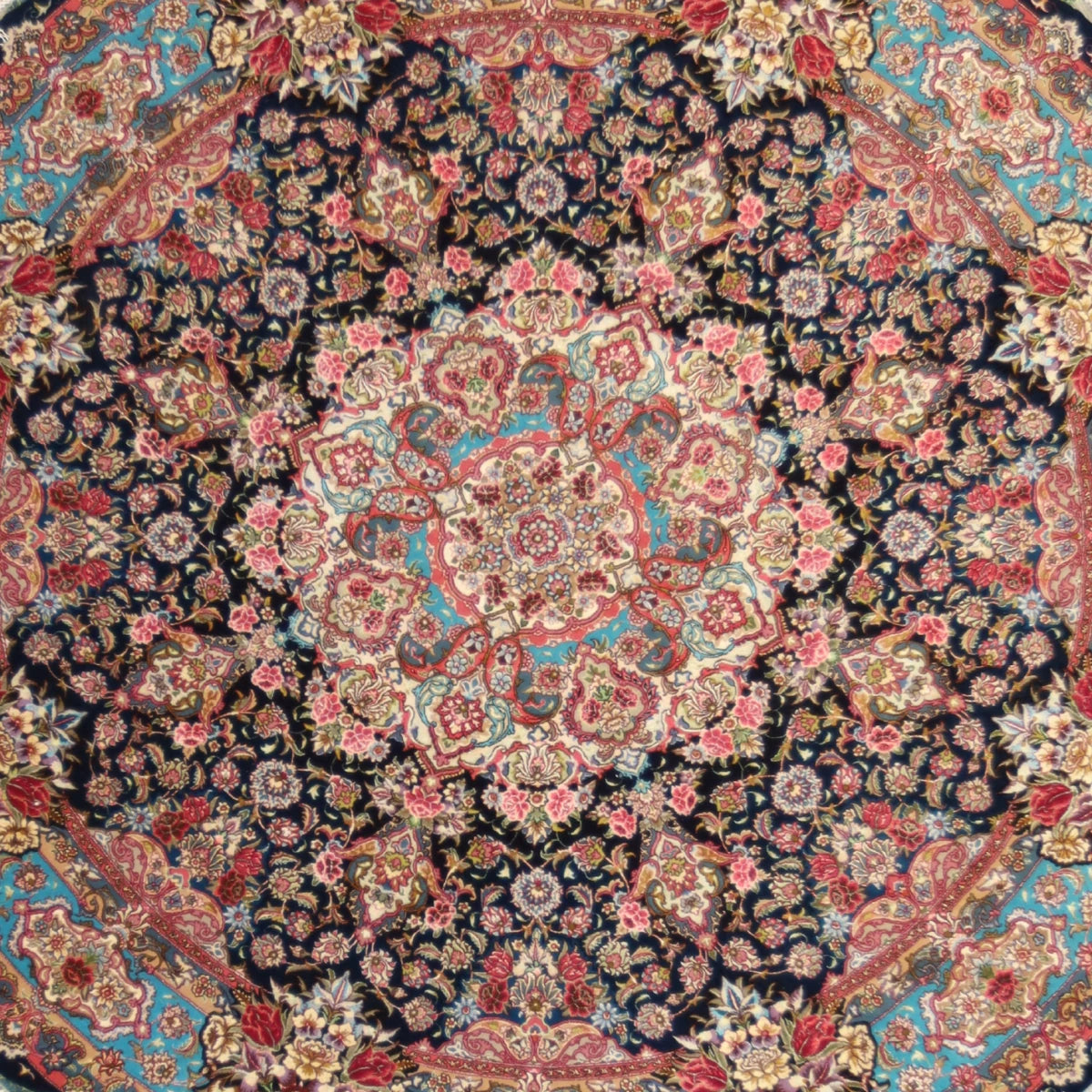 6'7" x 6'7" NAVY AND TEAL TABRIZ FLORAL PERSIAN RUG